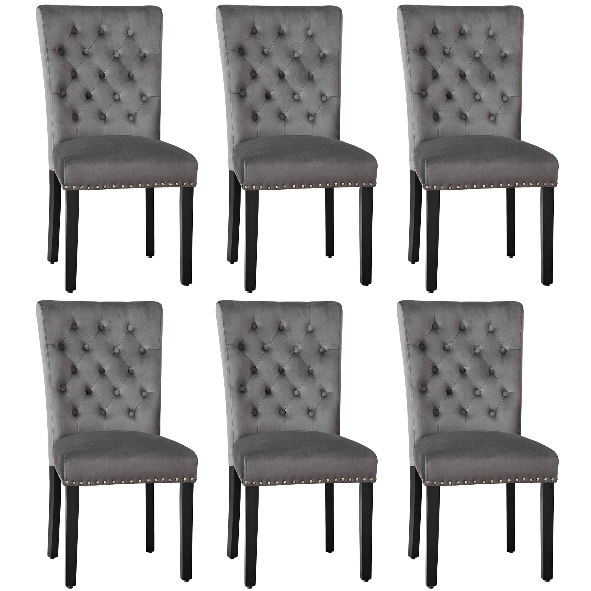 Adochr Velvet Dining Kitchen Chair Set Of 6, Parsons Upholstered Dining Room Chair, Wood Accent Chair With Nailed Trim, Dark Gre
