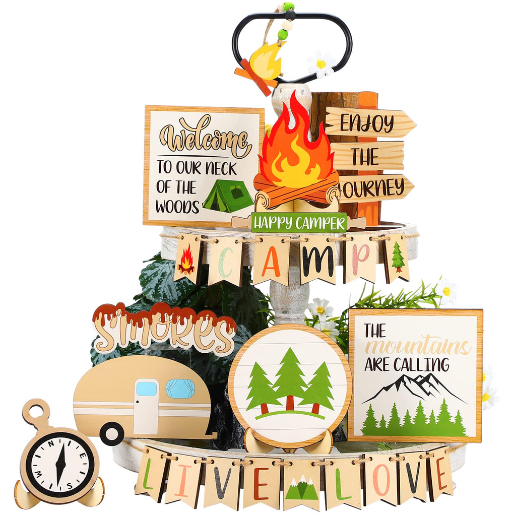 25 Pcs Camping Tiered Tray Decor Set Farmhouse Smores Tiered Tray Wood Sign Decor Camping Party Decorations Campfire Barbecue Ce