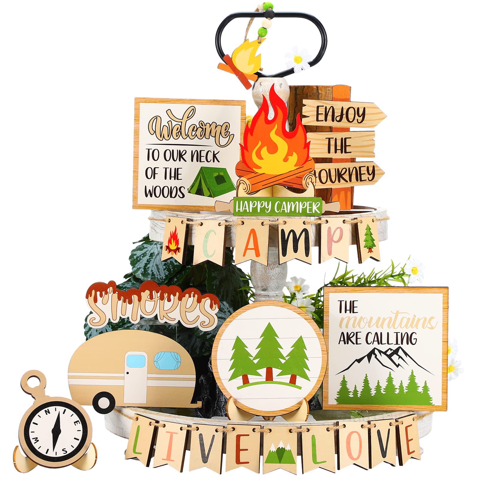 25 Pcs Camping Tiered Tray Decor Set Farmhouse Smores Tiered Tray Wood Sign Decor Camping Party Decorations Campfire Barbecue Ce
