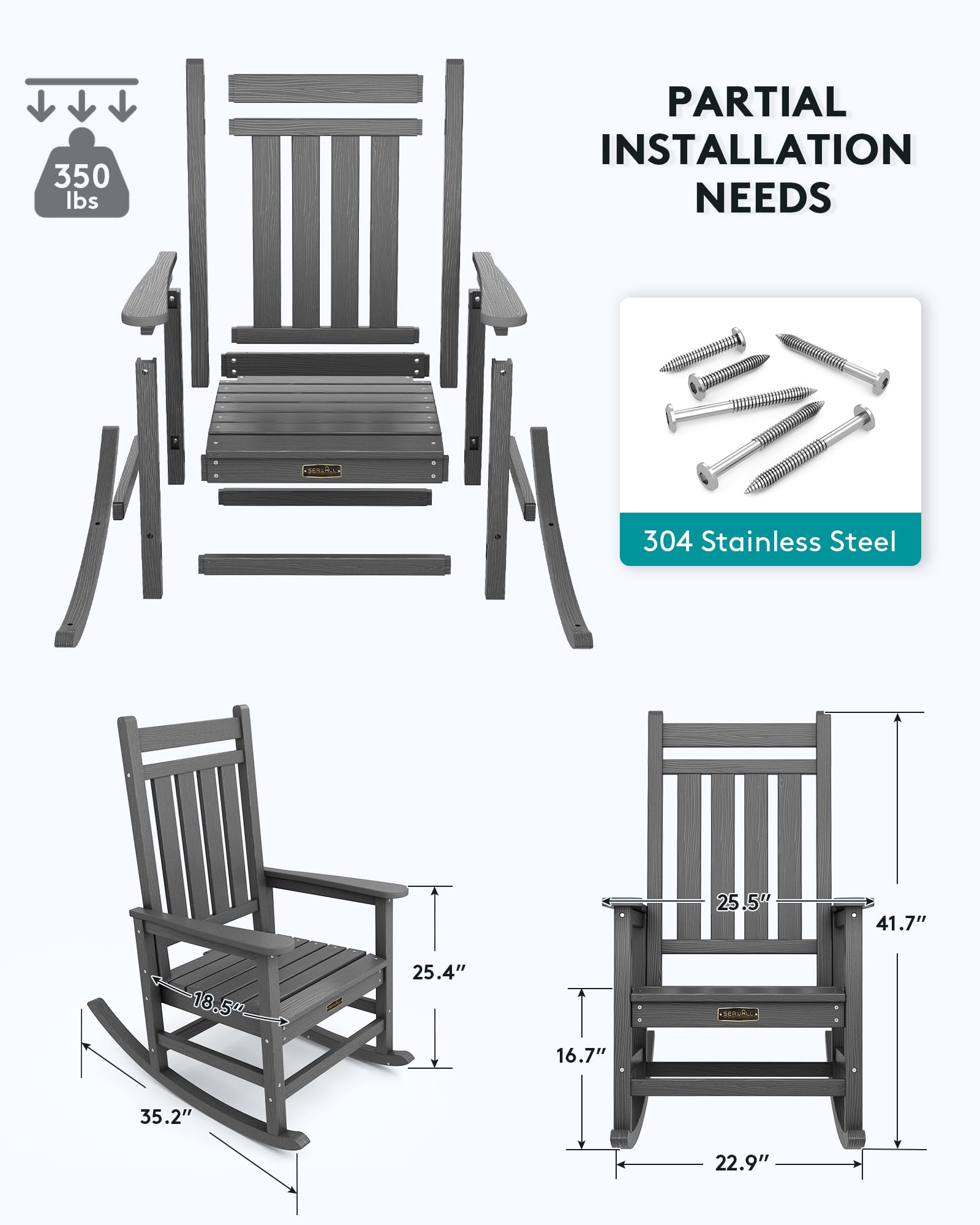 Serwall Outdoor Rocking Chair Set Of 4, Hdpe Rocking Chairs For Adult, All Weather Porch Rockers For Lawn Garden, Grey