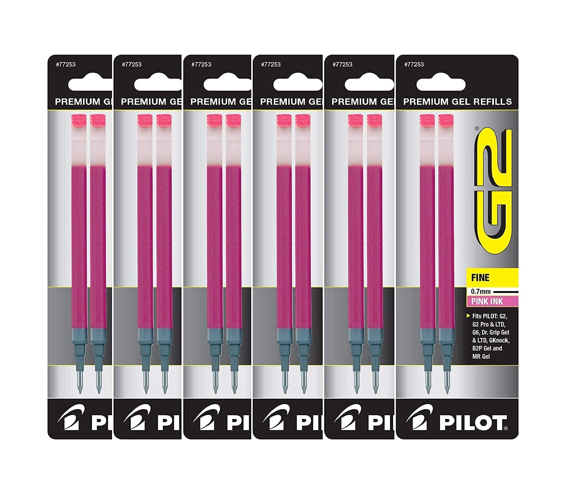 Value Pack Of 6 - Pilot G2 Gel Ink Refills For Rolling Ball Pen, Fine Point, Pink (77253)
