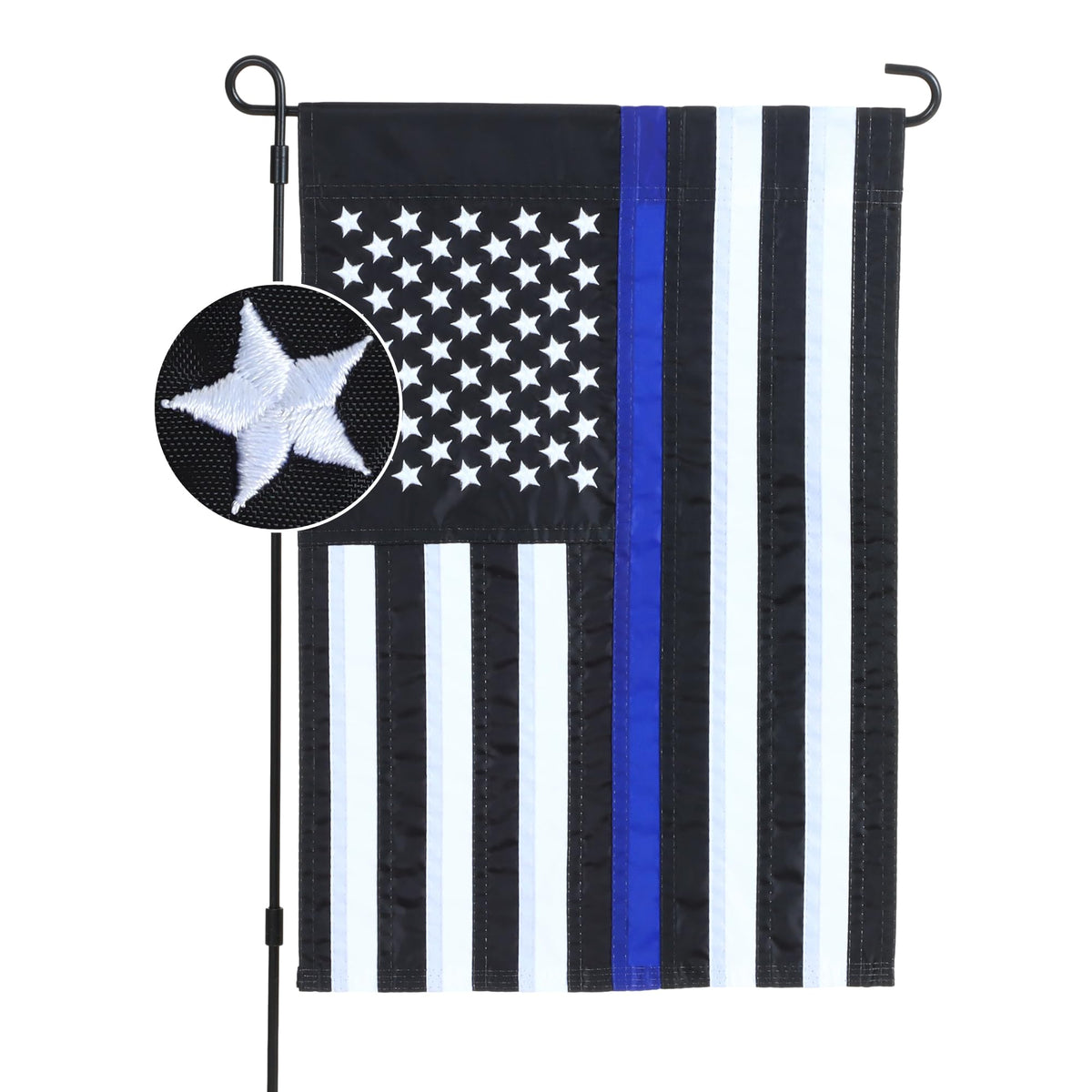 Jushen Thin Blue Line Garden Flag Embroidered 12X18 Inch, Deluxe Embroidered Stars And Sewn Stripes Police Garden Flag, Back The