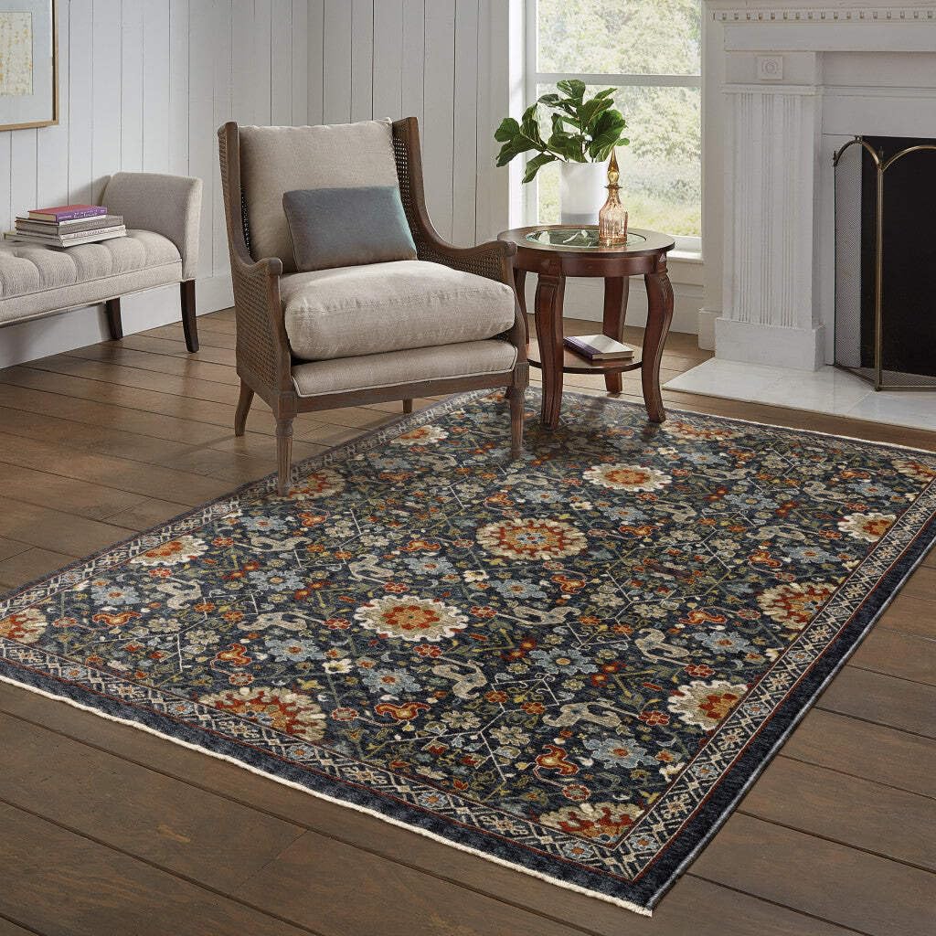 HomeRoots 507974 10 x 13 ft. Blue Red Ivory & Gold Oriental Power Loom Stain Resistant Rectangle Area Rug with Fringe