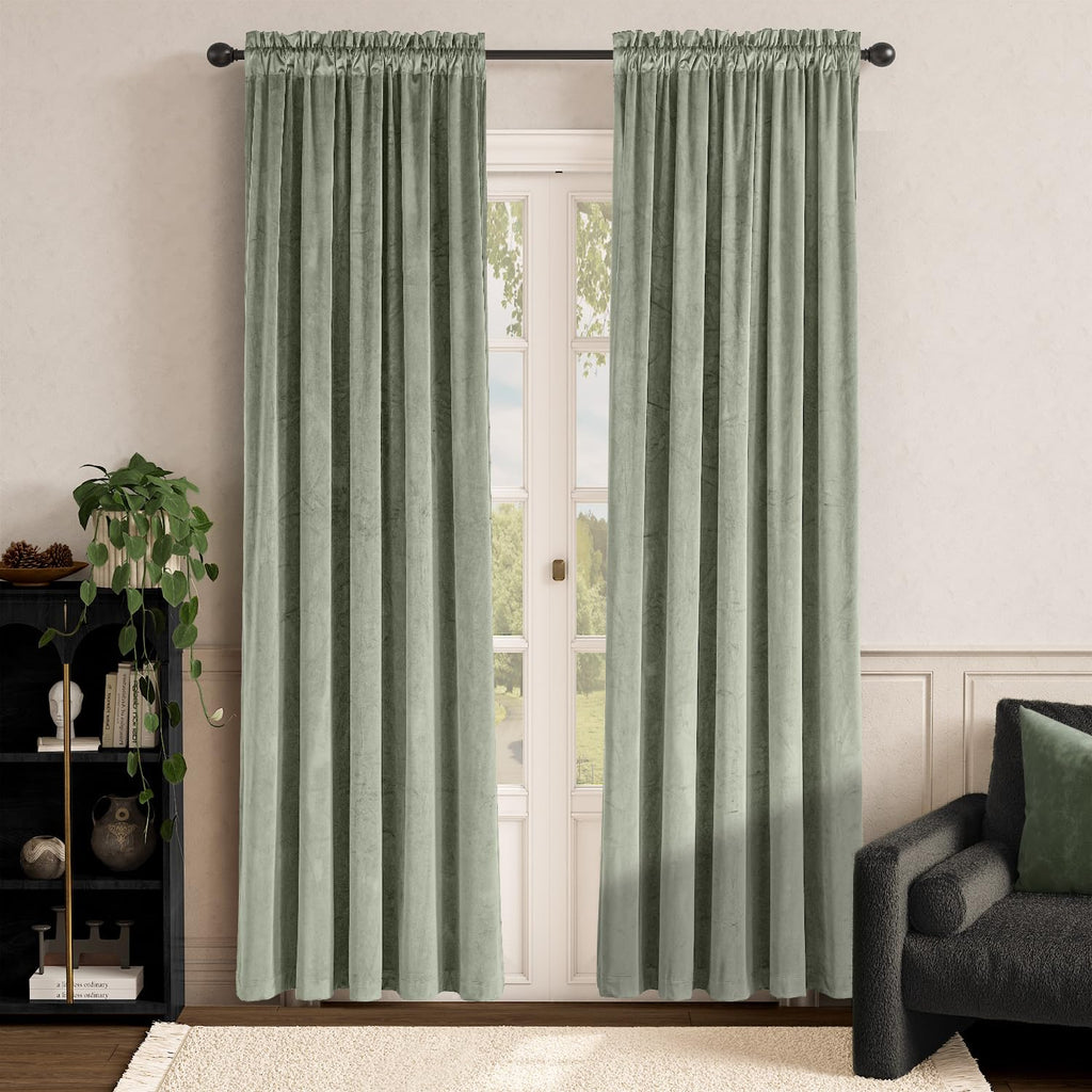 Lazzzy Green Velvet Curtains Room Darkening Thermal Insulated Curtains 84 Inch Long Window Drapes For Bedroom Living Room Super Soft Luxury Rod Pocketwindow Treatment 2 Panels, Grayish Green