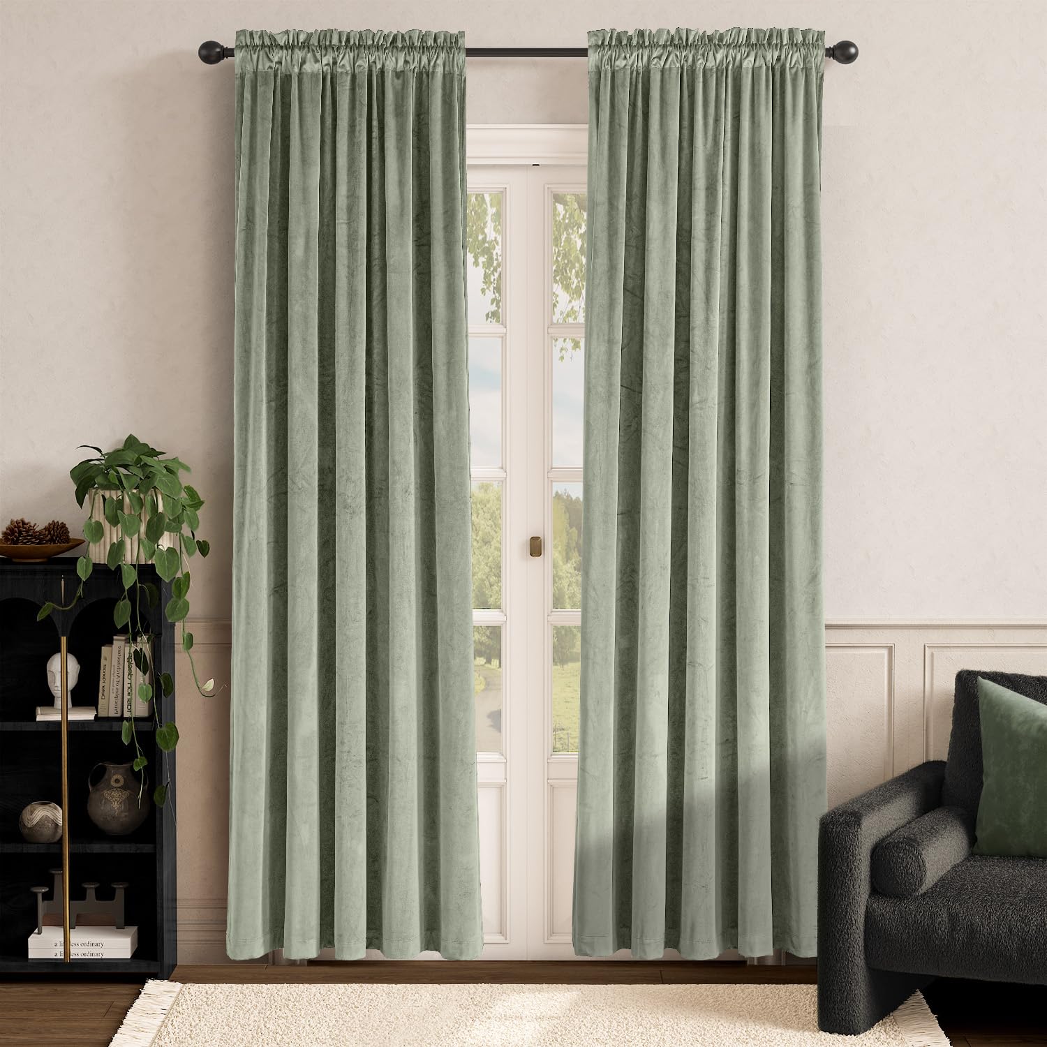 Lazzzy Green Velvet Curtains Room Darkening Thermal Insulated Curtains 84 Inch Long Window Drapes For Bedroom Living Room Super Soft Luxury Rod Pocketwindow Treatment 2 Panels, Grayish Green