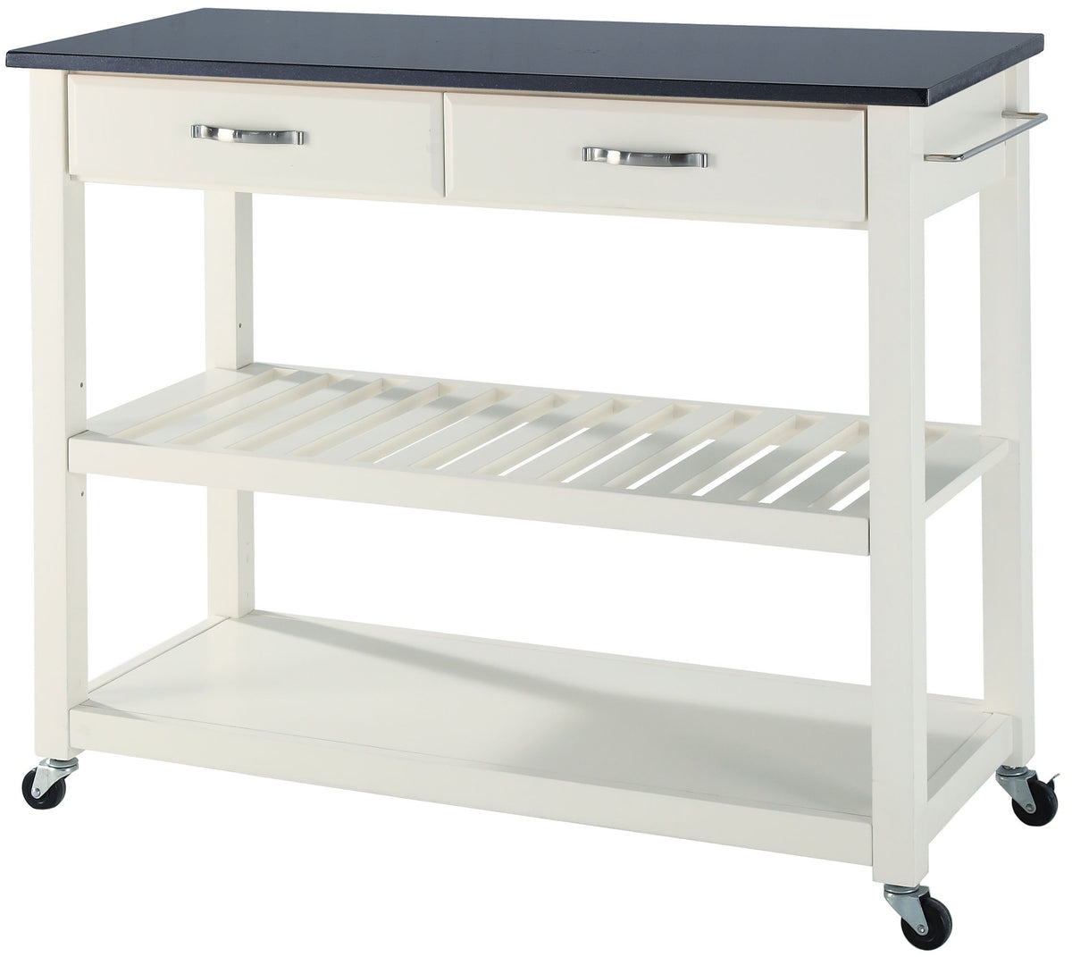 Crosley Furniture Granite Top Kitchen Prep Rolling Cart, Microwave Stand, Coffee Bar, With Shelves, White