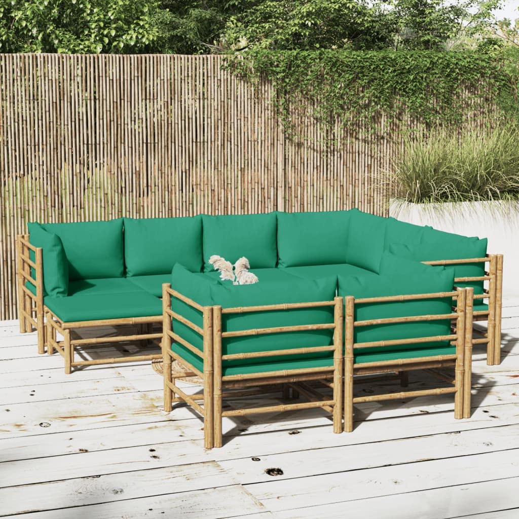 vidaXL 10 Piece Bamboo Patio Lounge Set with Soft Green Cushions and Sturdy Table - Farmhouse Style Outdoor Furniture