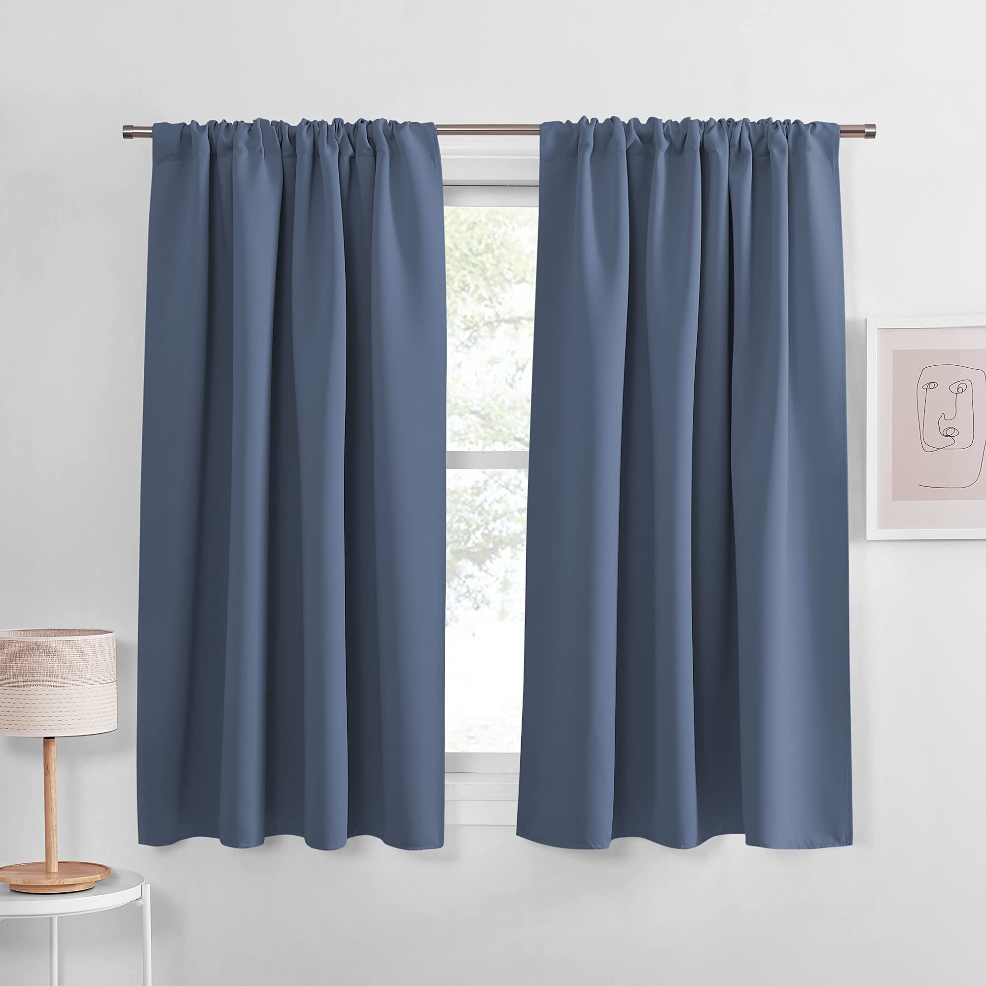 PONY DANCE Blackout Window Curtains - Blue Haze Drapes Rod Pocket Thermal Panels Solid Short Curtain Shades Light Block for Kitc