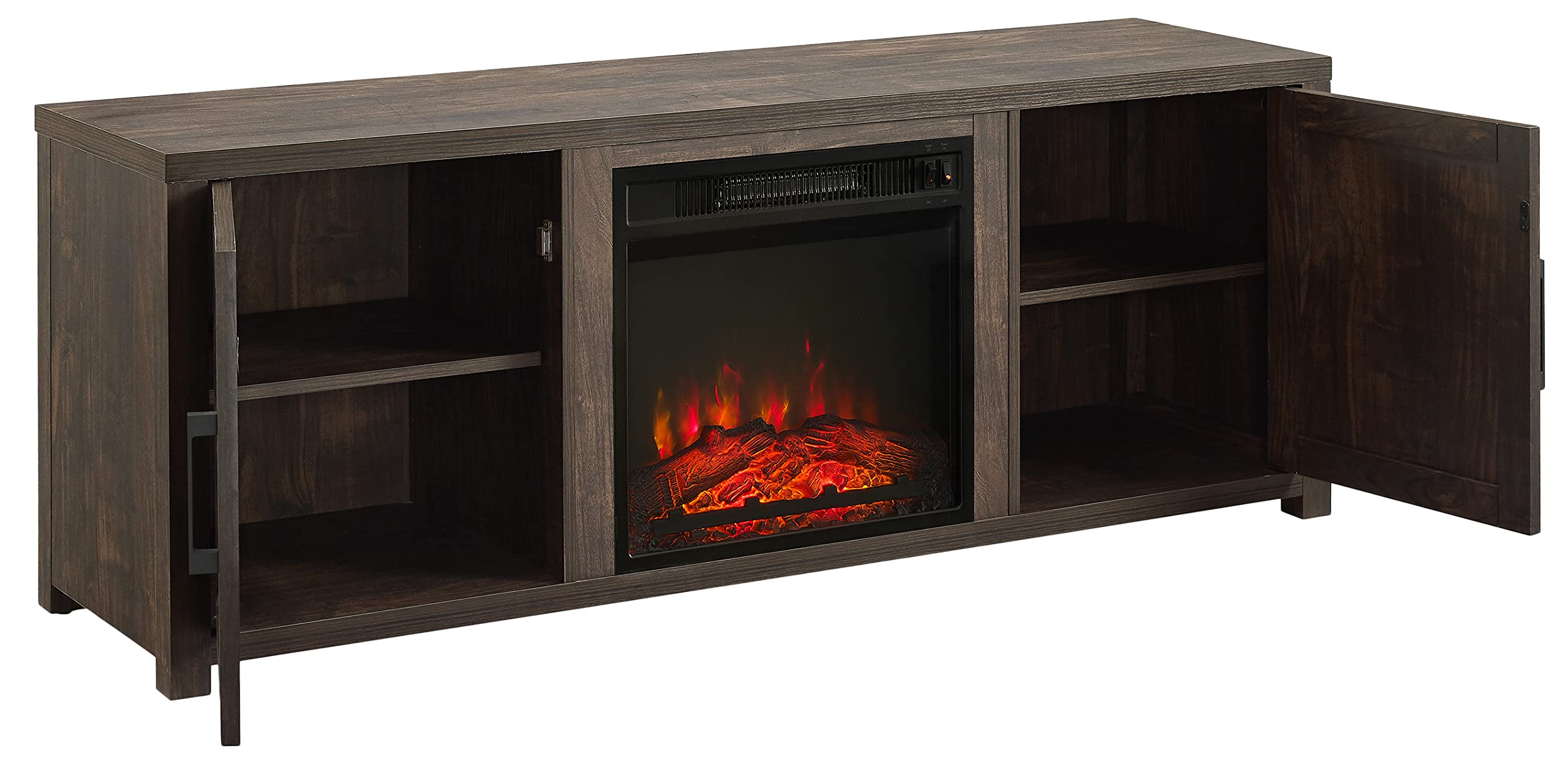 Crosley Furniture Gordon Low Profile Fireplace TV Stand for 65+ inch TVs, Entertainment Center with Shelves, Dark Walnut