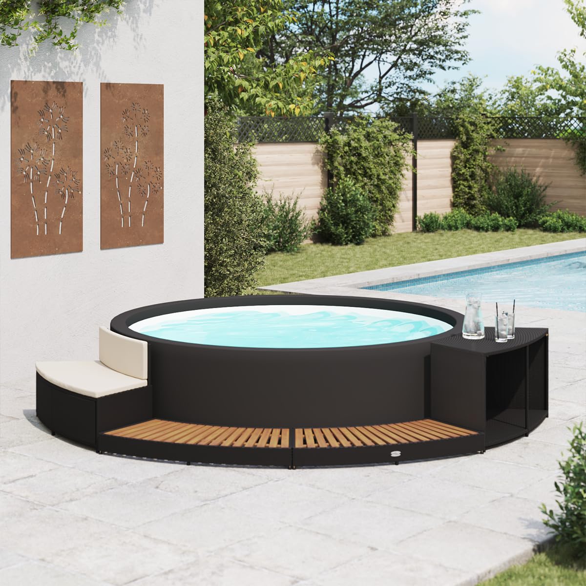 vidaXL Spa Surround - Black Poly Rattan and Acacia Wood - Chic and Modern Design with Built-in Storage, Mini Sofa and Comfort Cushion