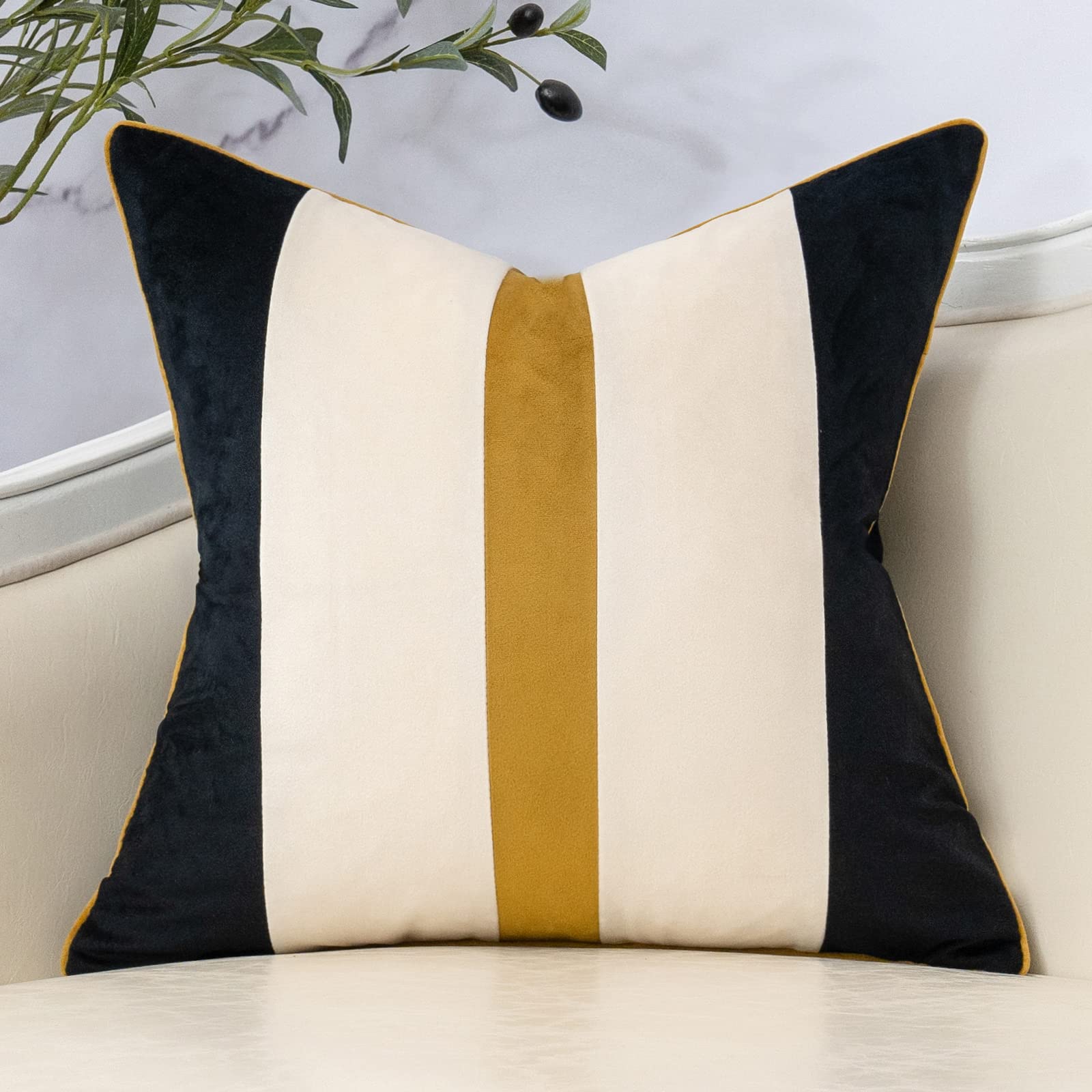 Yangest Black Patchwork Throw Pillow Cover Striped Velvet Cushion Case Modern Neutral Pillowcase For Sofa Couch Bedroom Living R