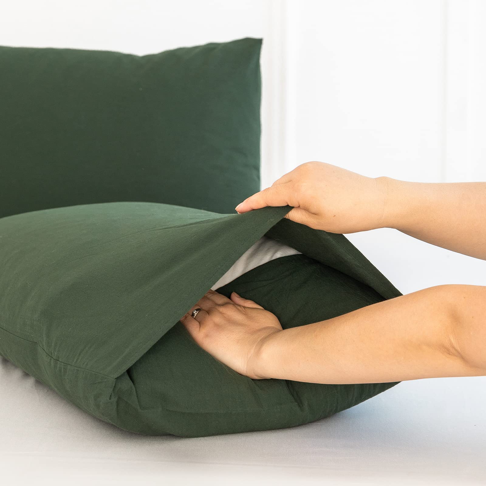Moomee Bedding Pillowcases Pack Of 2 100% Washed Cotton Linen Like Textured Breathable Durable Soft Comfy (Forest Green, Standar