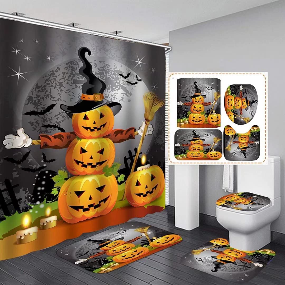 NBVKO Halloween Pumpkin Waterproof Shower Curtain,with Non-Slip Rugs,Toilet Lid Cover and Bath Mat,Bathroom Shower Decor Accesso