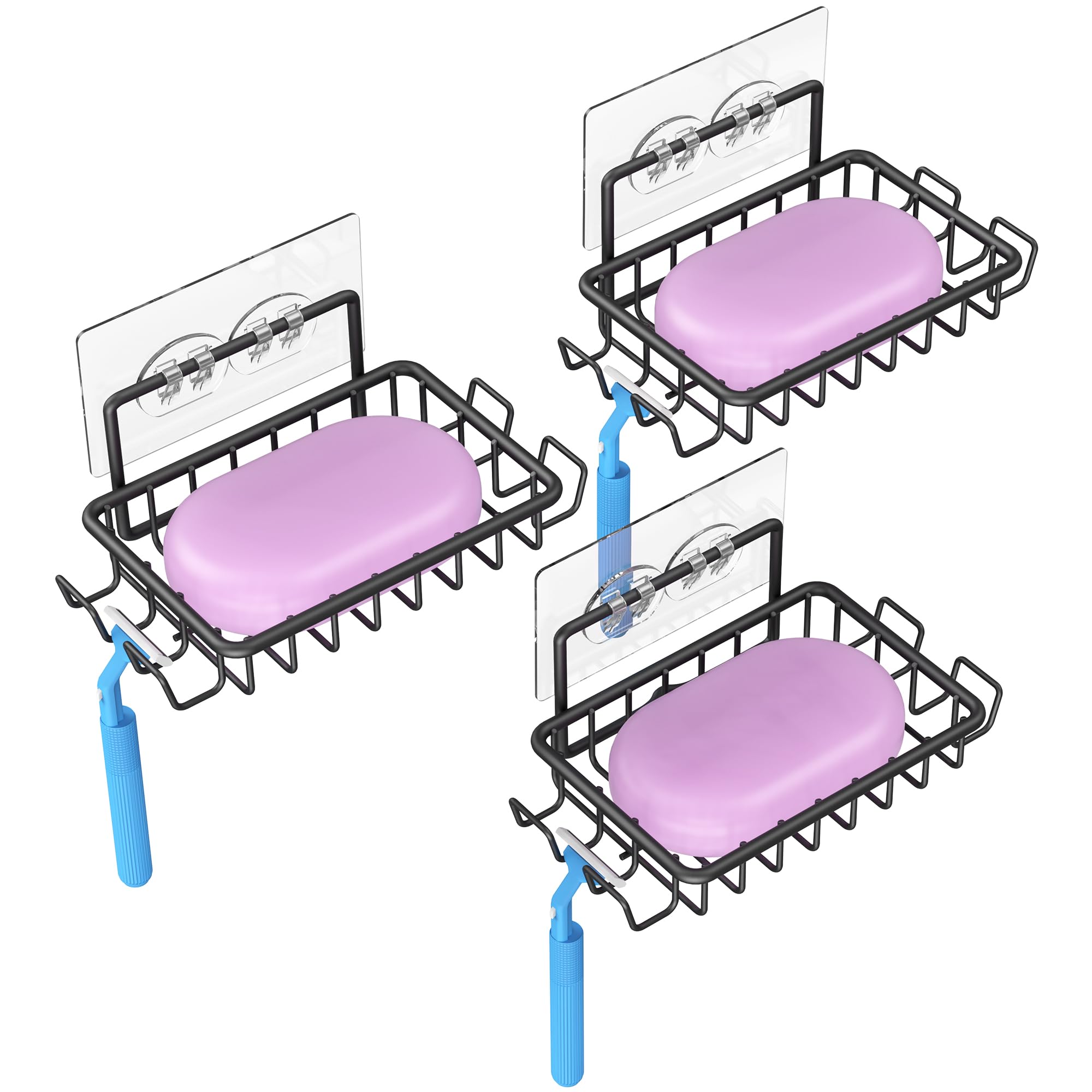 Ailibuligo Adhesive Soap Bar Holder Dish for Shower Wall with Hooks, Black, 3 Pack