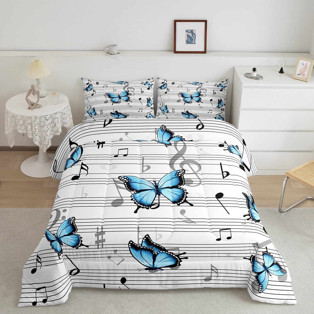 Music Kids Comforter Set Queen Size,Music Note Piano Musical Bedding Set,Boys Girls Adults Room Decor,Blue Butterfly Rustic Coun