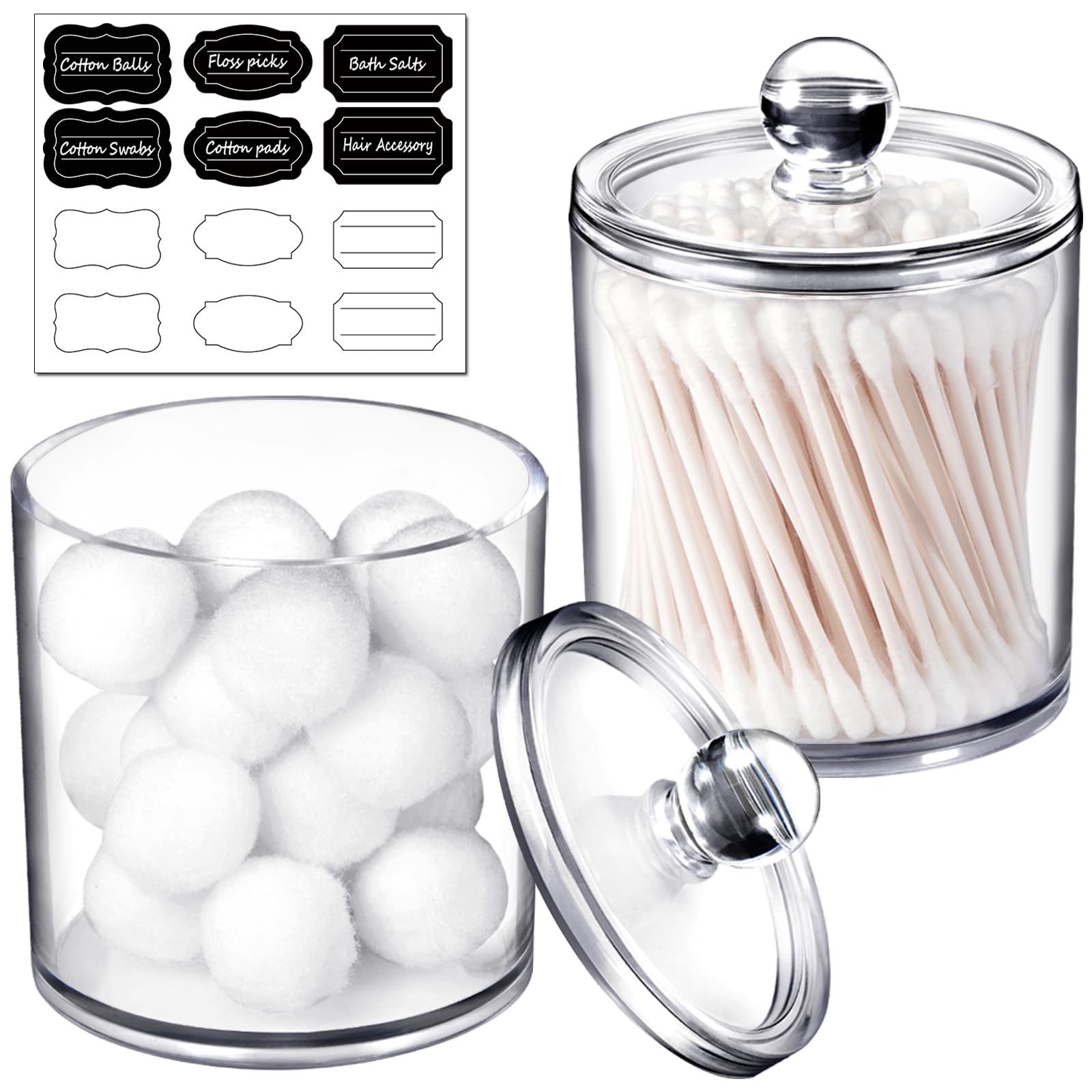 SheeChung 2 Pack Qtip Dispenser Apothecary Jars Bathroom with Labels - Qtip Holder Storage Canister Clear Plastic Acrylic Jar fo