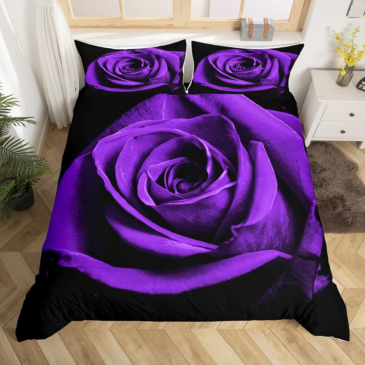 Purple Rose Comforter Cover King Size Floral Bedding Set Women 3D Printed Flower Duvet Cover Set Valentine'S Day Bedding For Cou