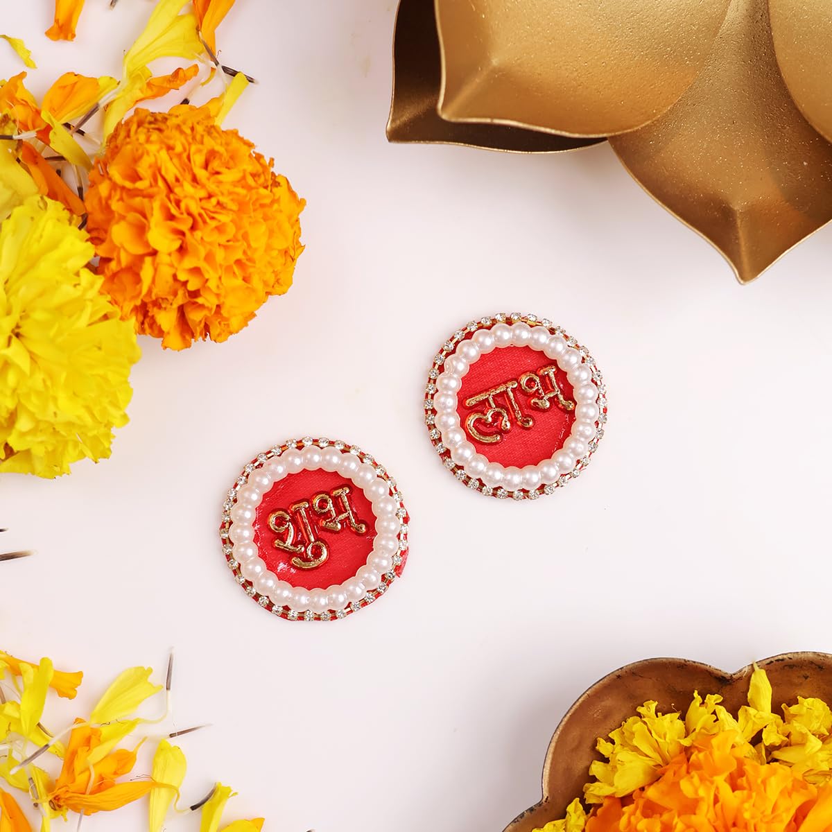 9Dzine Fabric Pearl Shubh Labh Sticker for Main Door Entrance (1 Pair) & Festive Decor | Round Stickers for Diwali Decoration |