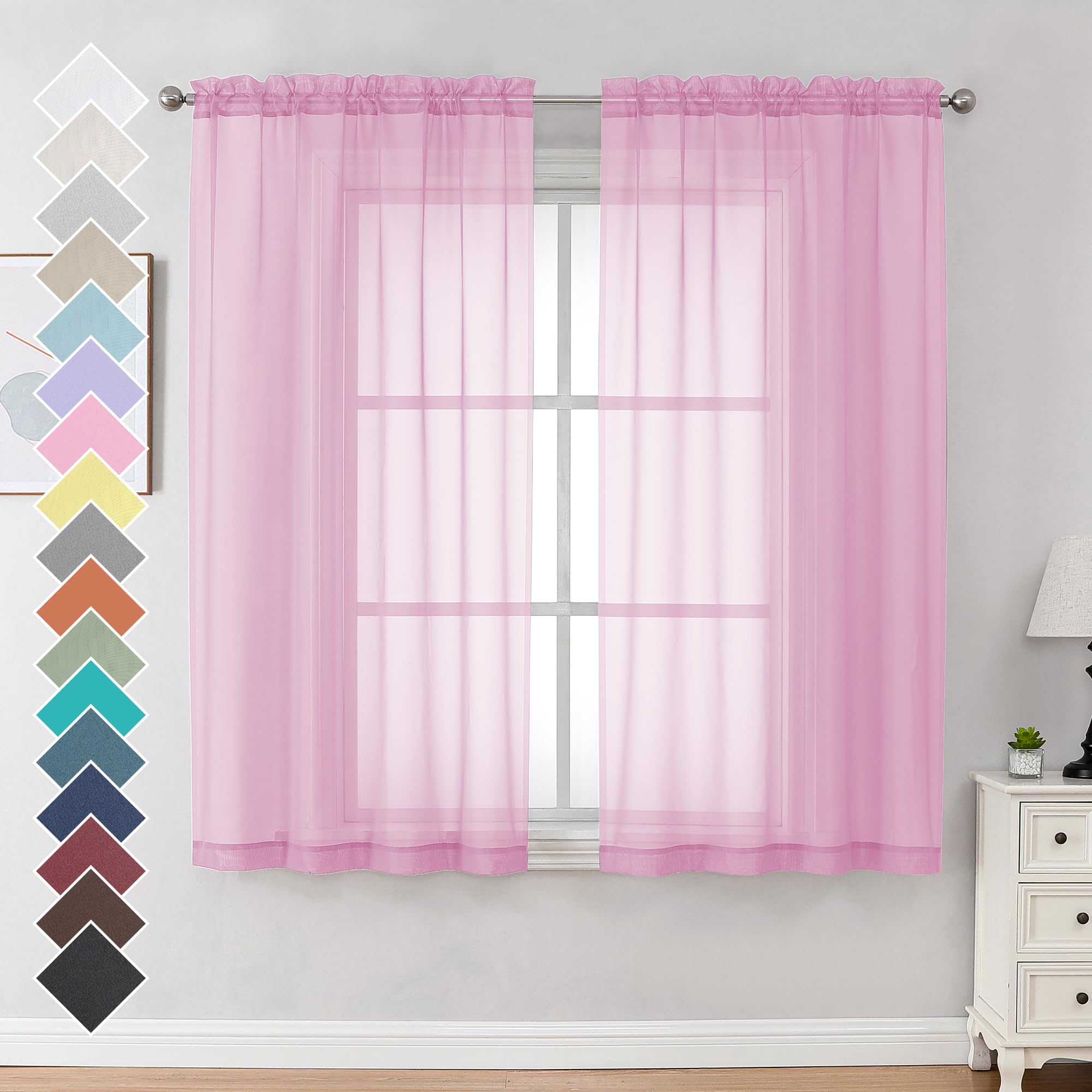 Ovzme 2 Pack Pink Sheer Curtains 63 Inch Length, Light Filtering Window Curtain Drapes Treatment For Kitchen, Bedroom Living And