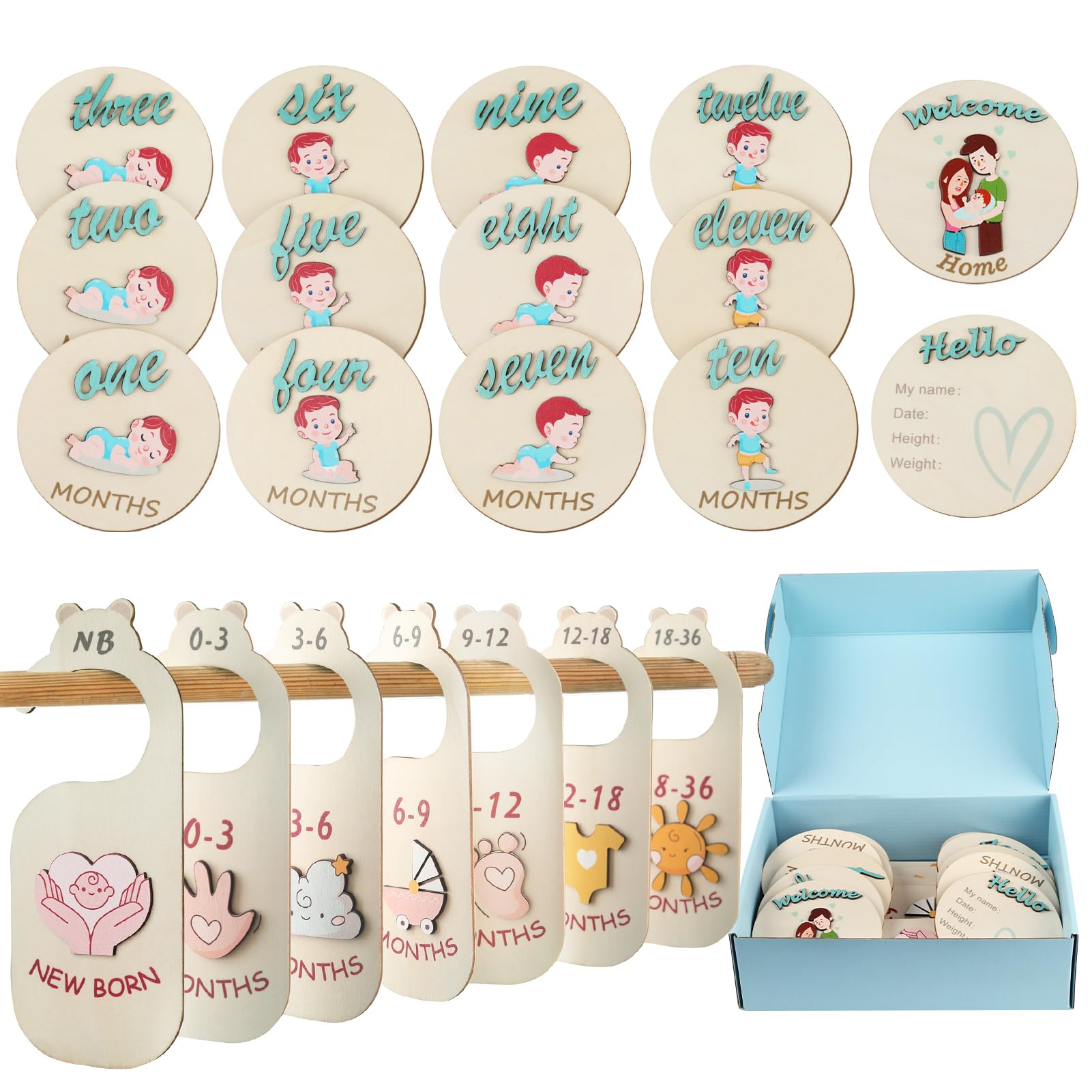 Esmorah Baby Gift Set, Baby Shower Gifts, Monthly Baby Milestone Signs & Baby Clothes Dividers Organizer(21 pcs), Hello World Si