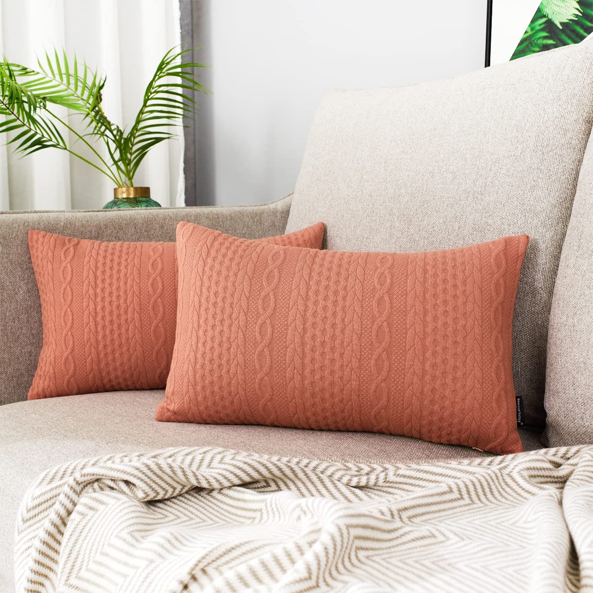 Booque Valley Rectangular Throw Pillow Covers, Pack Of 2 Super Soft Elegant Modern Knit Lumber Coral Cushion Covers, Oblong Pill