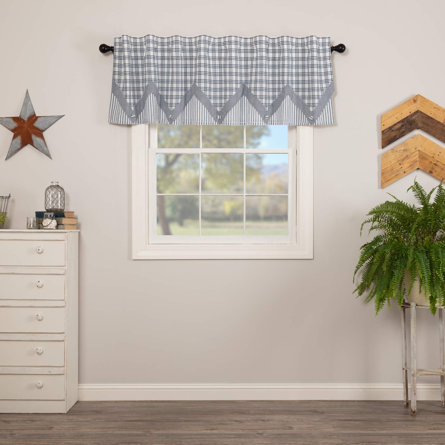Vhc Brands Sawyer Mill Plaid Chambray Cotton Farmhouse Kitchen Rod Pocket Hanging Loops Pointed Buttons 20X72 Curtain, Valance,
