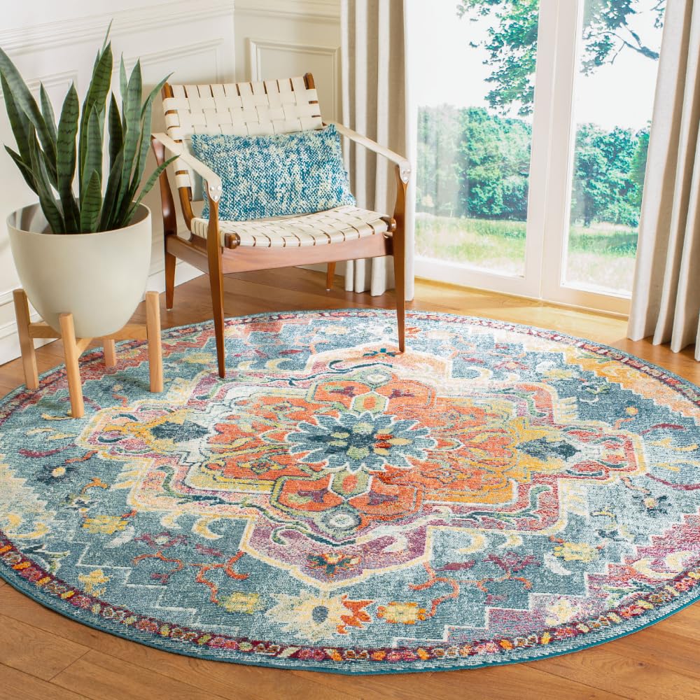 SAFAVIEH Crystal Collection 12 Round Teal/Orange CRS501J Boho Chic Oriental Medallion Distressed Non-Shedding Area Rug