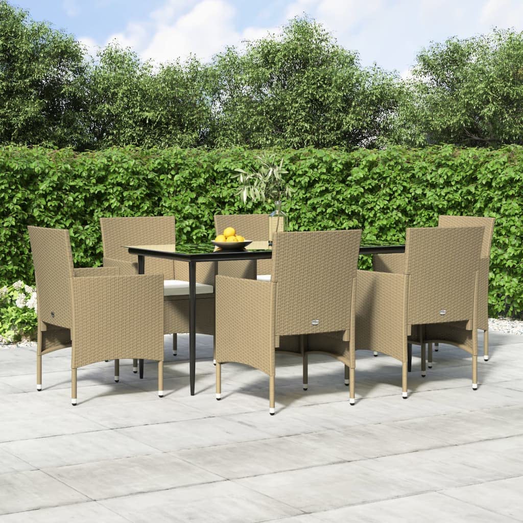 vidaXL 7-Piece Patio Dining Set, Beige and Black Poly Rattan with Steel Frame and Tempered Glass Tabletop, Outdoor Garden and Patio Furniture with Cushions