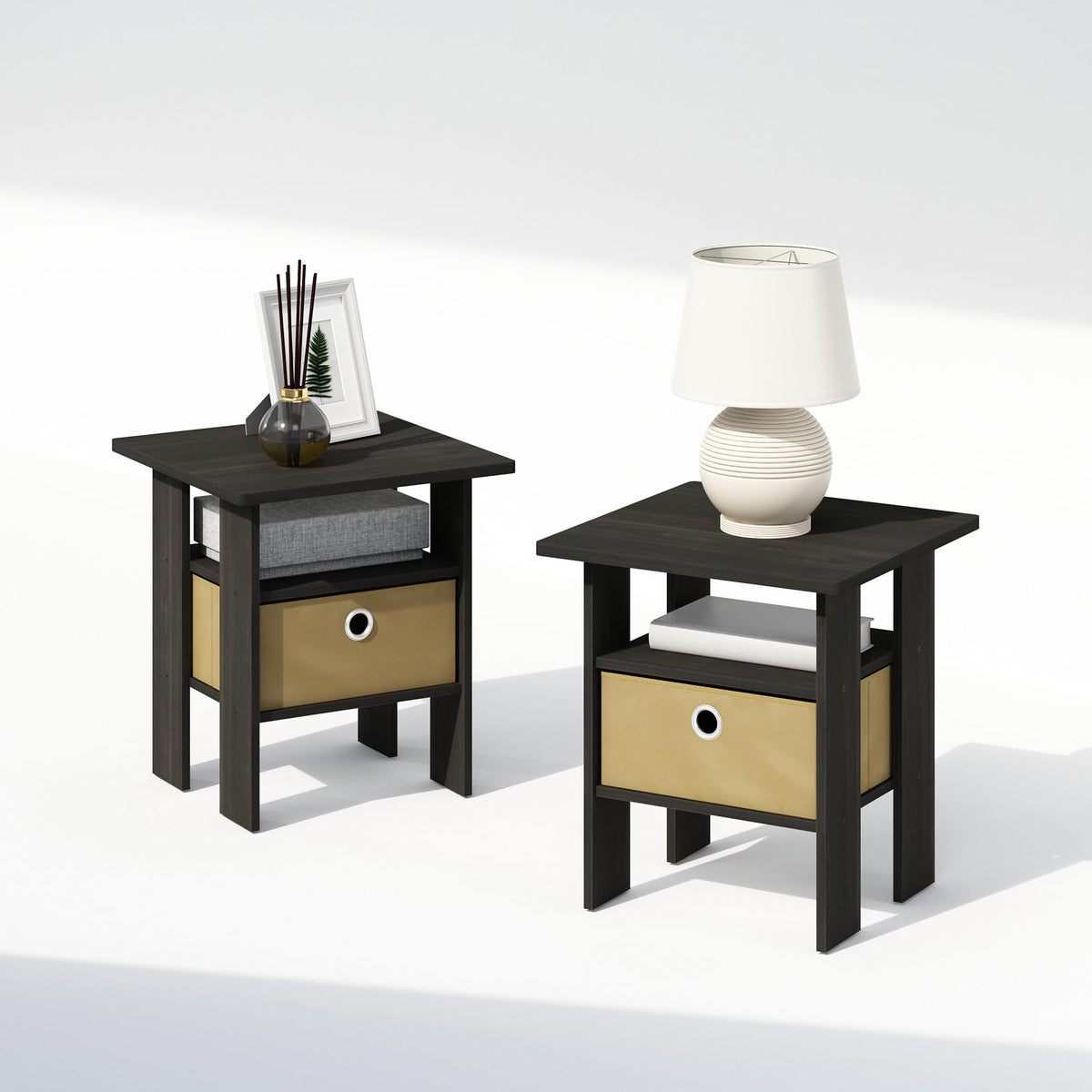 Furinno Tidur Bedside Table Nightstand With Bin Drawer, Espresso/Brown, Set Of 2