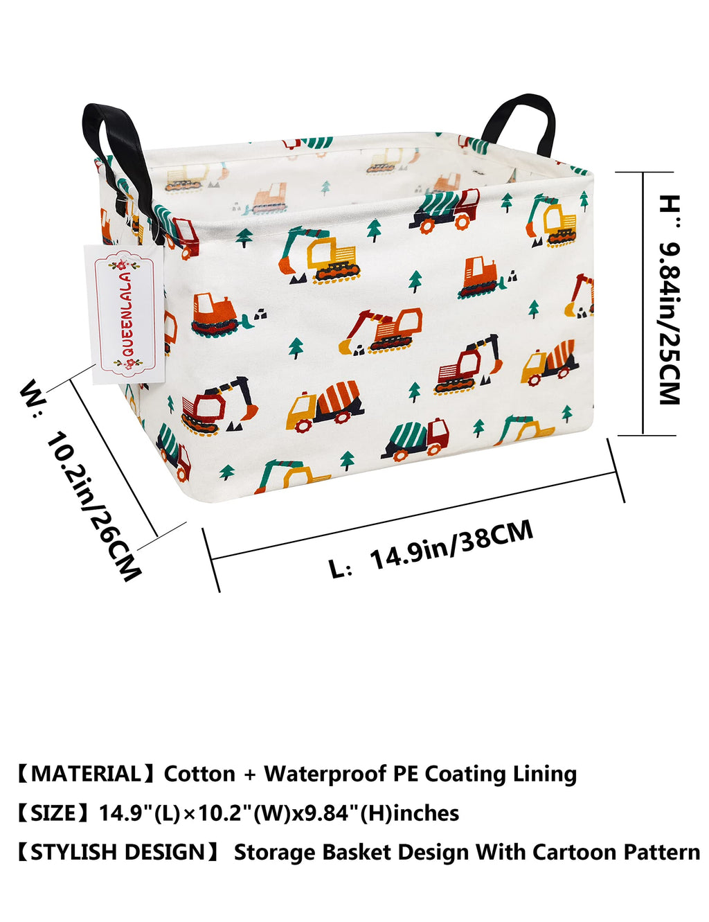 Queenlala Rectangular Laundry Hamper/Foldable Nursery Laundry Basket For Organizing/Storage Bin Baskets/Children Toy Office Bedroom/Toy Bin Closet Shelf Baskets (Rec-Excavator)