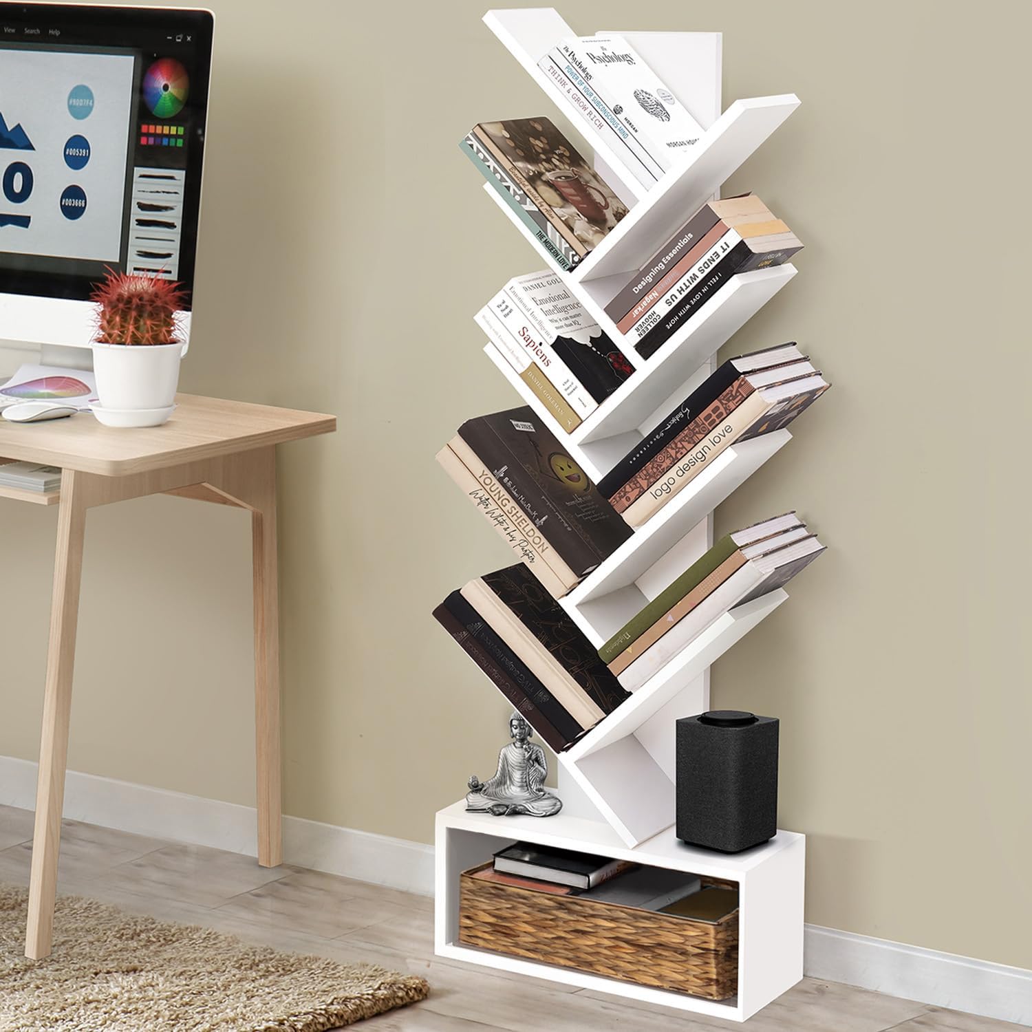 About Space Book Shelf For Home Library  9Tier Tree Shaped Book Rack For Study Room Diy Wooden Book Stand With Bottom Storage 