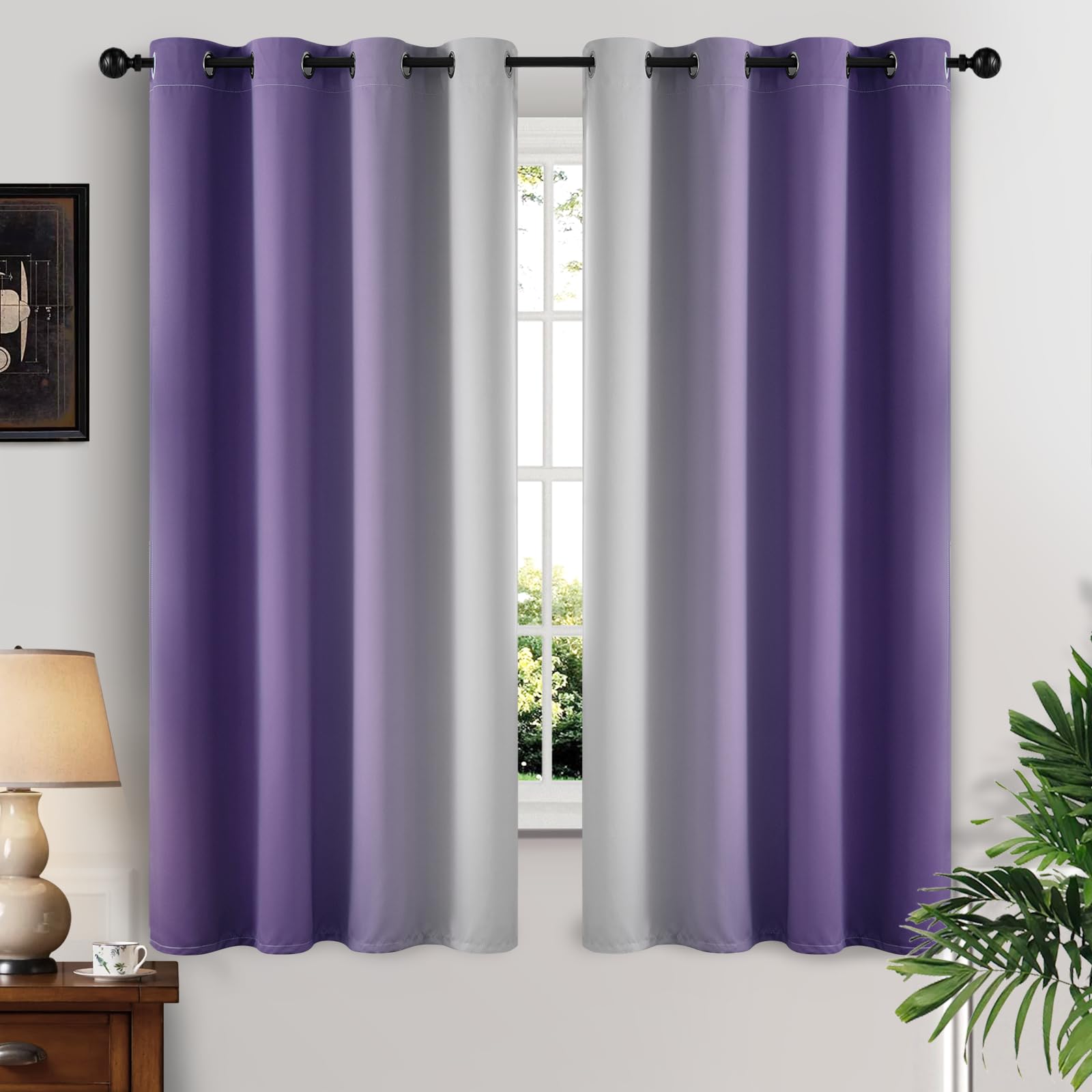 Yakamok Greyish White And Lavender Purple Ombre Curtains,Light Blocking Curtains,Room Darkening Grommet Window Drapes For Bedroo
