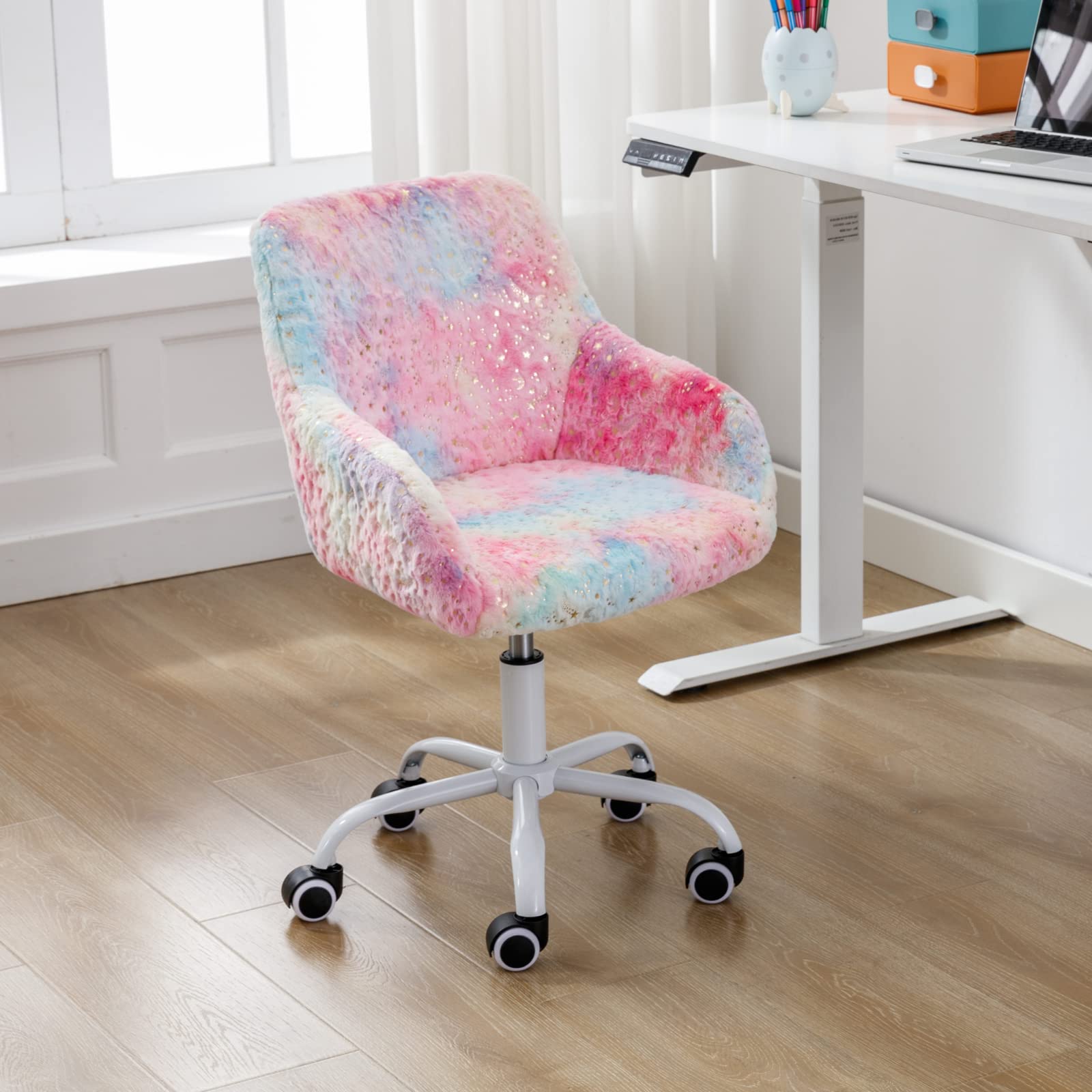 HEAH-YO Swivel Kids Chair with Wheels, Adjustable Kids Desk Chair with Armrest and Back, Cute Faux Fur Kids Study Chairs for Boy