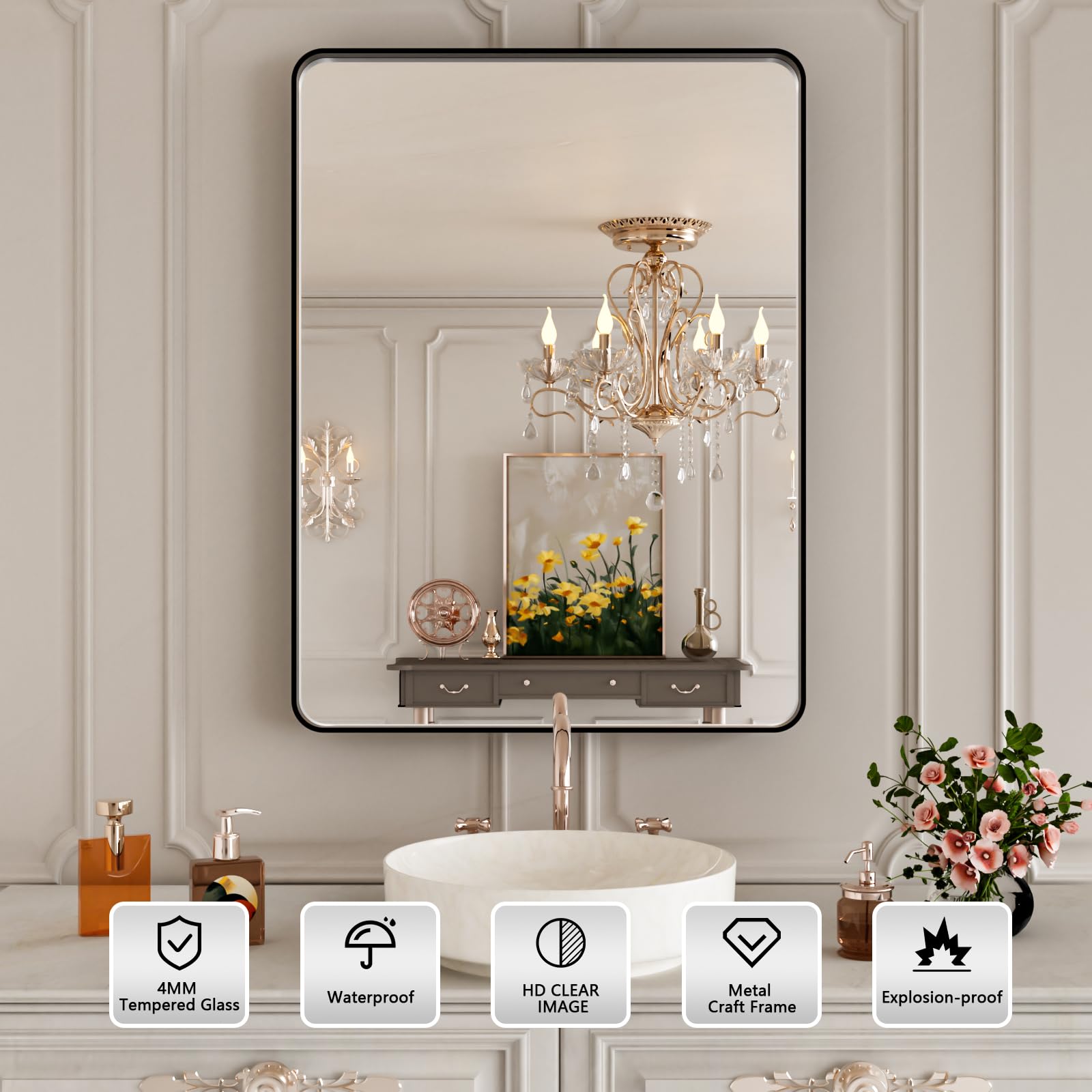 Istripmf Black Bathroom Vanity Mirror 24X30 Inch,Rounded Rectangle Matte Black Mirror For Bathroom Wall,Tempered Glass,Horizonta