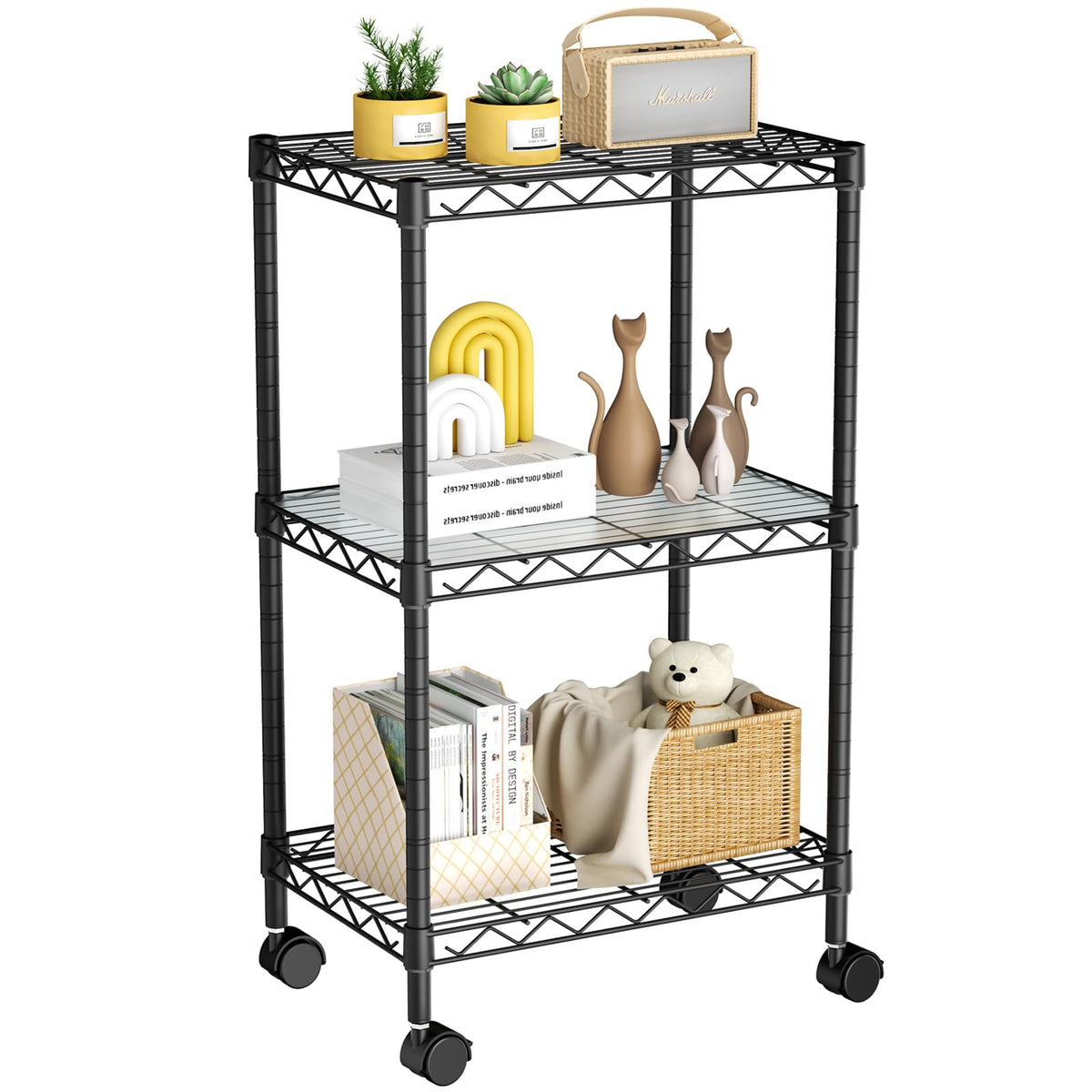 Golpart Small Shelves Storage Wire Metal Adjustable Shelf Unit with Wheels