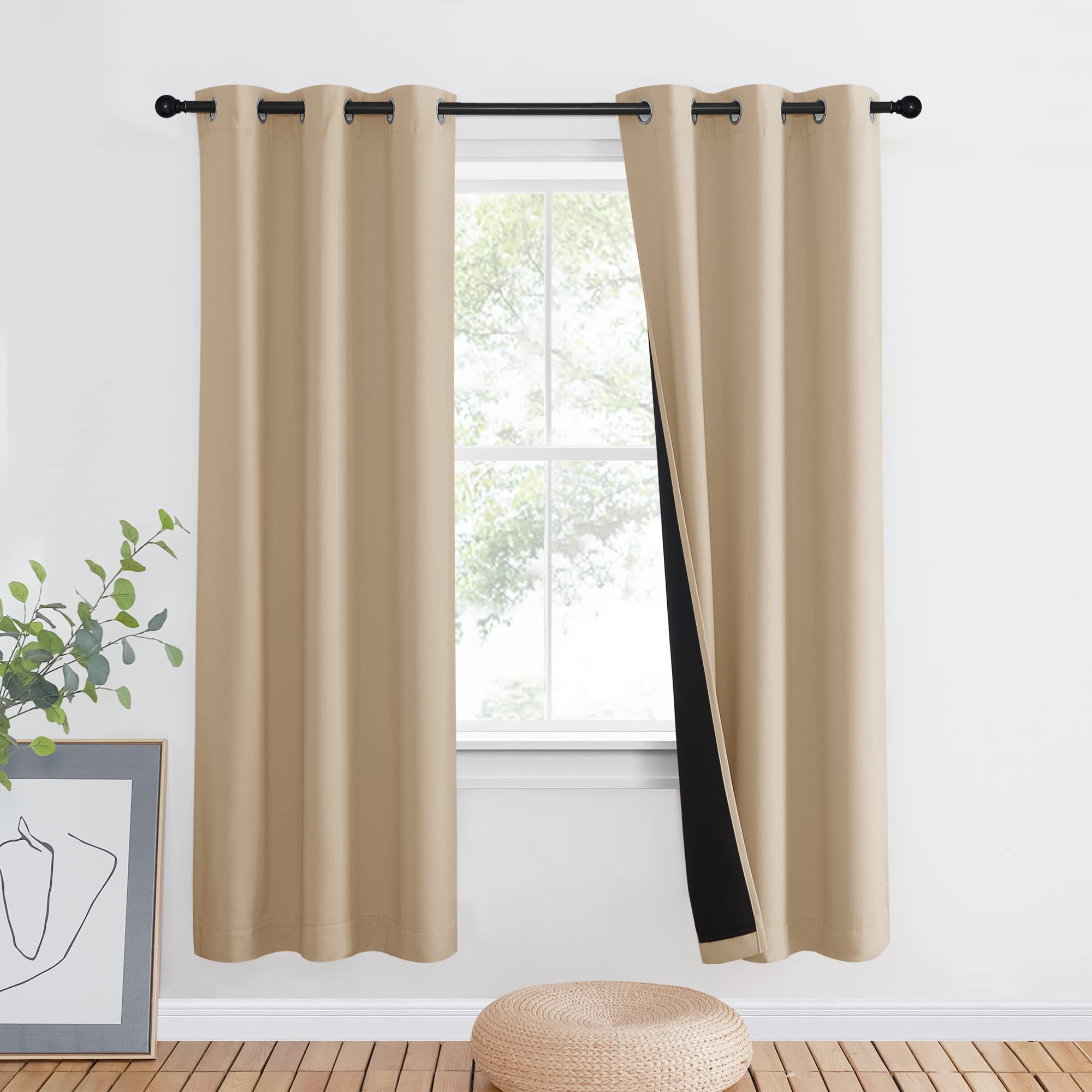 Nicetown Living Room Completely Shaded Drapery, Privacy Protection & Noise Reducing Ring Top Drape, Black Lined Insulated Window