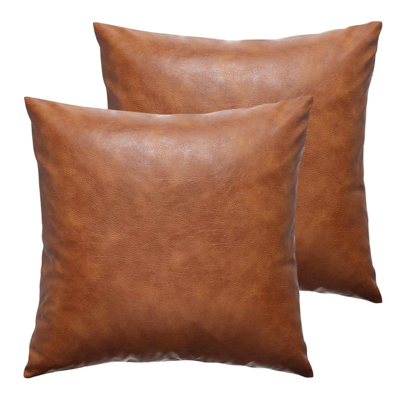 GEGELICA Faux Leather Throw Pillow Covers 16x16 inch - Set of 2 Brown Cognac Bohemian Modern Minimalist Square Decoration Pillow