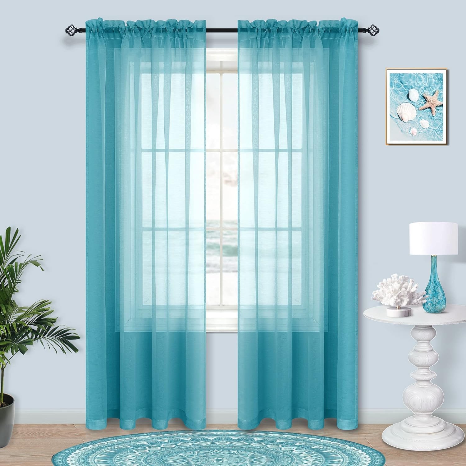 Ptialk Teal Curtains 102 Inch Length For Living Room 2 Panels Set Rod Pocket Faux Linen Textured Sheer Beach Curtains For Bedroo