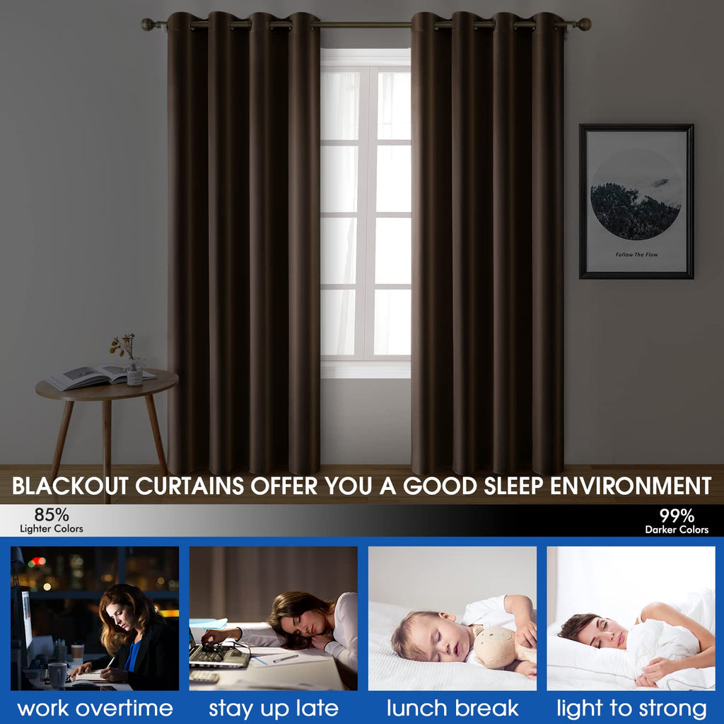 Homeideas 2 Panels Faux Silk Curtains Chocolate Blackout Curtains For Nursery 52 X 84 Inch Room Darkening Satin Curtains For Bed