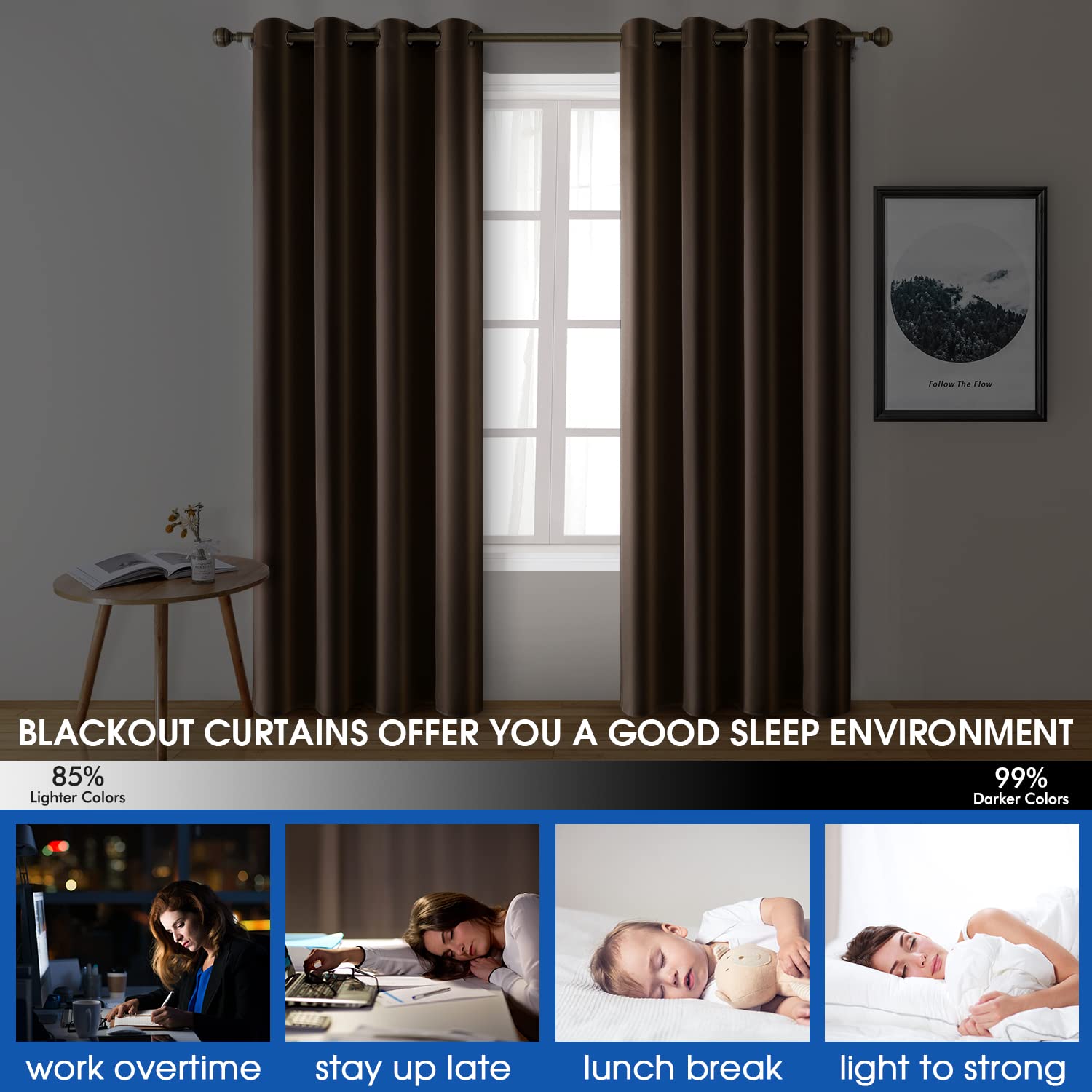 Homeideas 2 Panels Faux Silk Curtains Chocolate Blackout Curtains For Nursery 52 X 84 Inch Room Darkening Satin Curtains For Bed