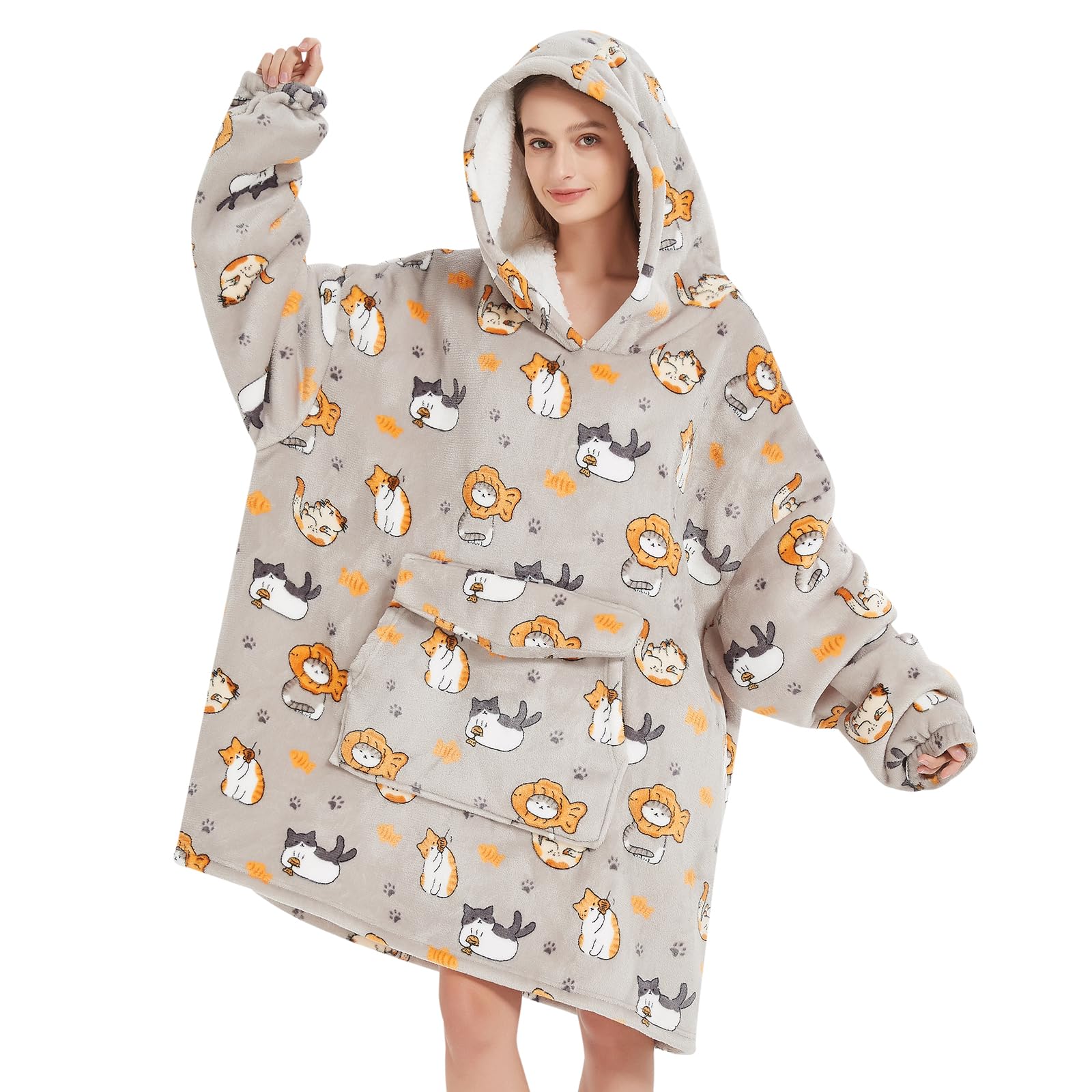 Fiosnow Cat Blanket Hoodies for Women and Men Adult Oversize Wearable Blanket Hoodies for Soft and Warm