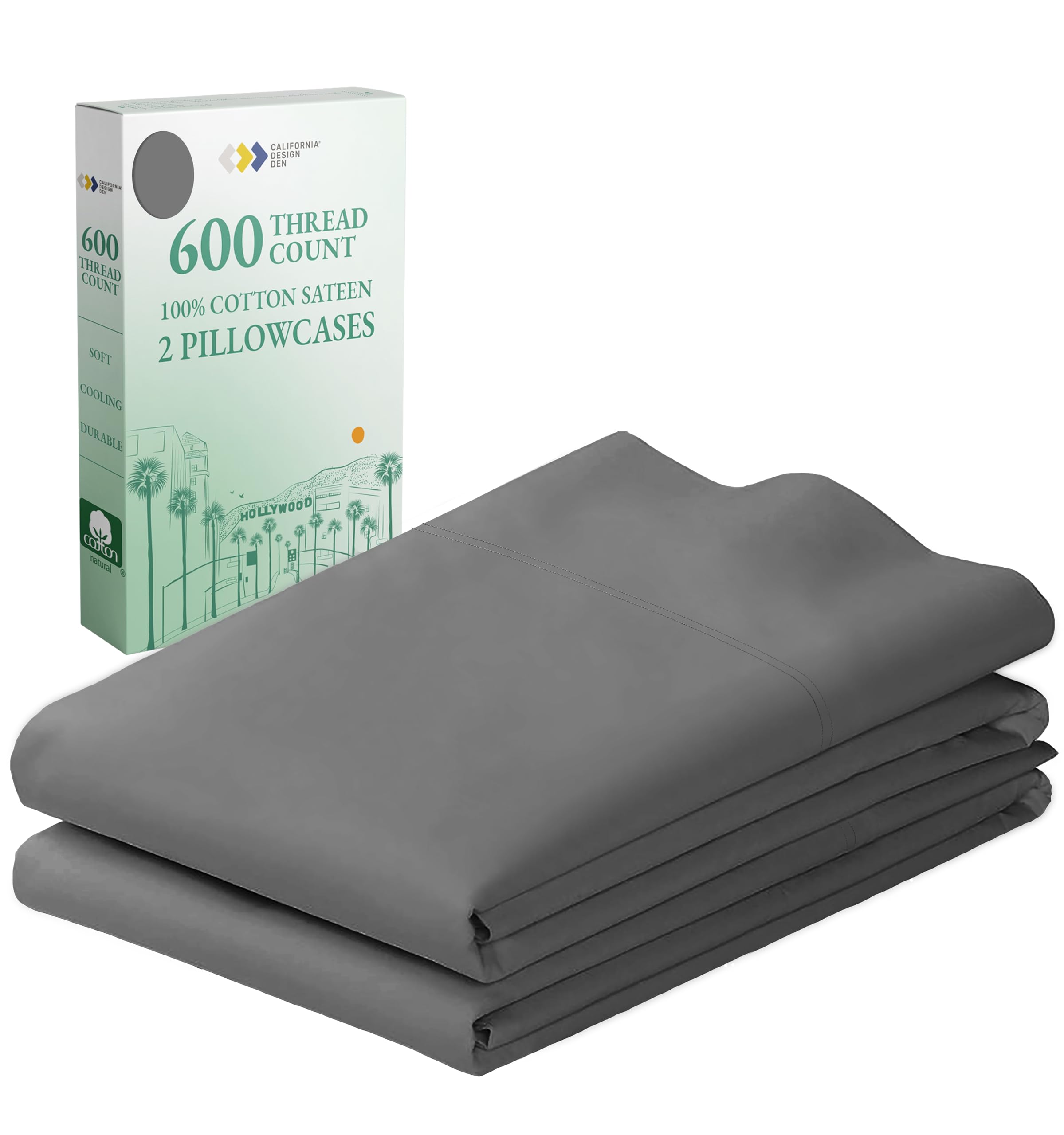 California Design Den Luxuriously Soft Hotel Quality 600 Thread Count, 100% Cotton Set Of 2 Cases, Crisp & Cool Dark Gray Pillow