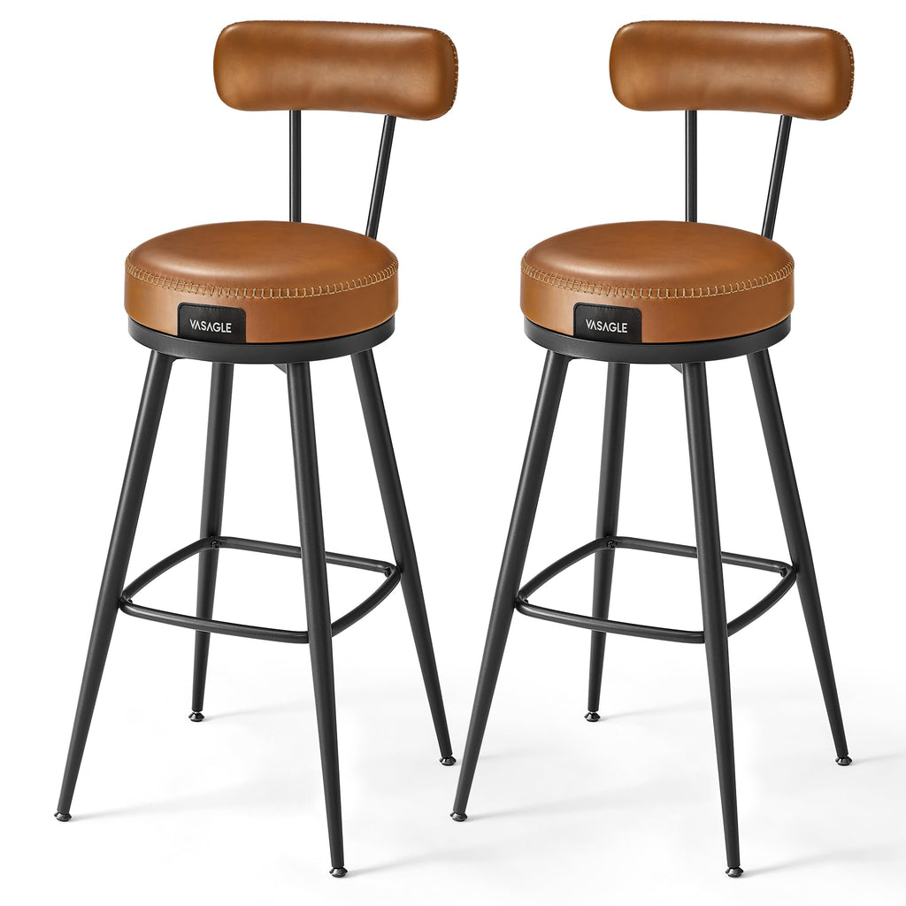 Vasagle Ekho Collection - Bar Stools Set Of 2, Bar Height Swivel Bar Stools With Back, Synthetic Leather With Stitching, Mid-Century Modern, 30-Inch Tall Barstools For Kitchen Home Bar, Caramel Brown
