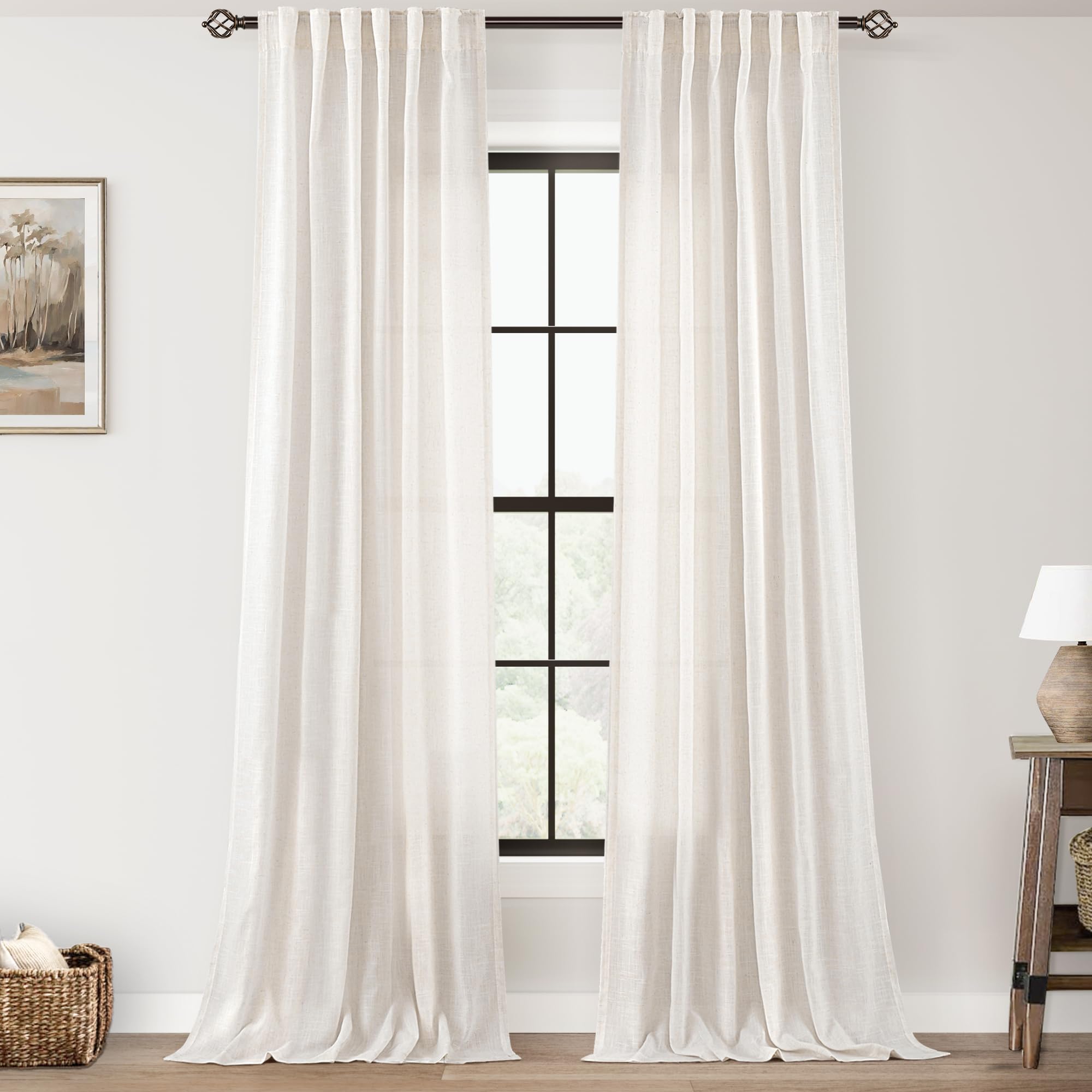 Natural Linen Curtain 102 inch Long 2 Panels Set Back Tab Light Filtering Living Room Curtain Drapes Home Office Modern Minimali