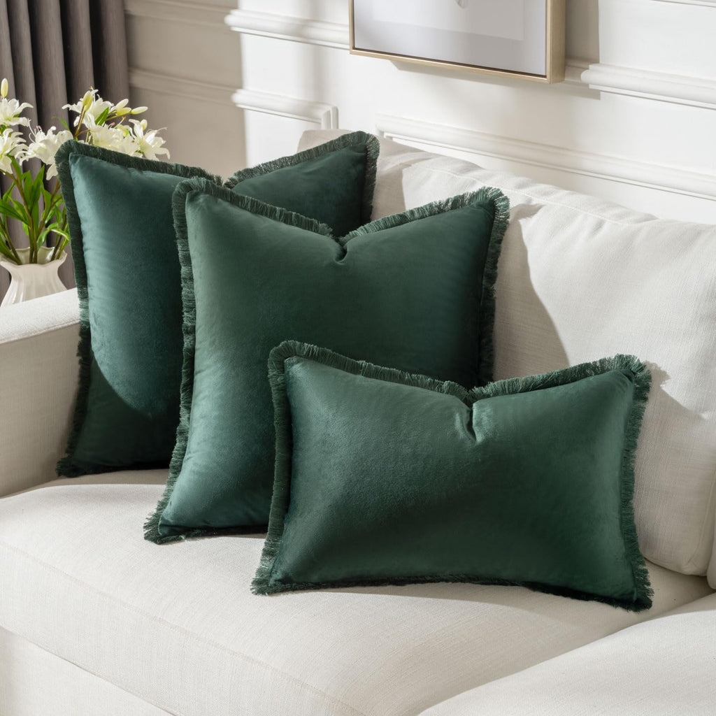 Futei Army Green Boho Throw Pillow Covers With Tassels 18X18 Inch Set Of 2,Soft Velvet Decorative Cushion Case,Home Decor For Co