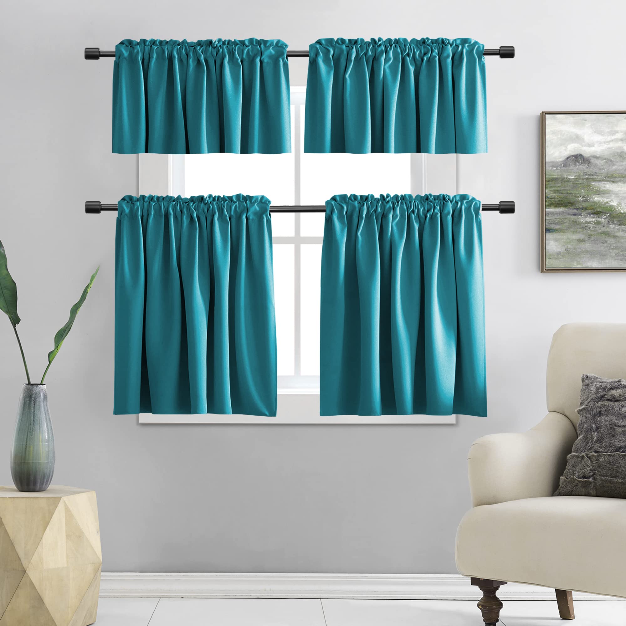 Donren Teal Window Curtain Valances For Kitchen - Room Darkening Valances For Window With Rod Pocket (52 By 16 Inch,2 Panels)