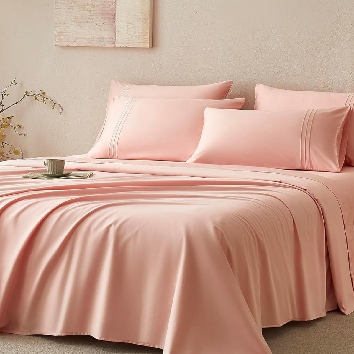Jellymoni King Sheet Sets Pink - 400 Thread Count 100% Cotton Sheets, 4 Pieces Silkly Sateen Cotton Sheet Set, Wrinkle Free Hote
