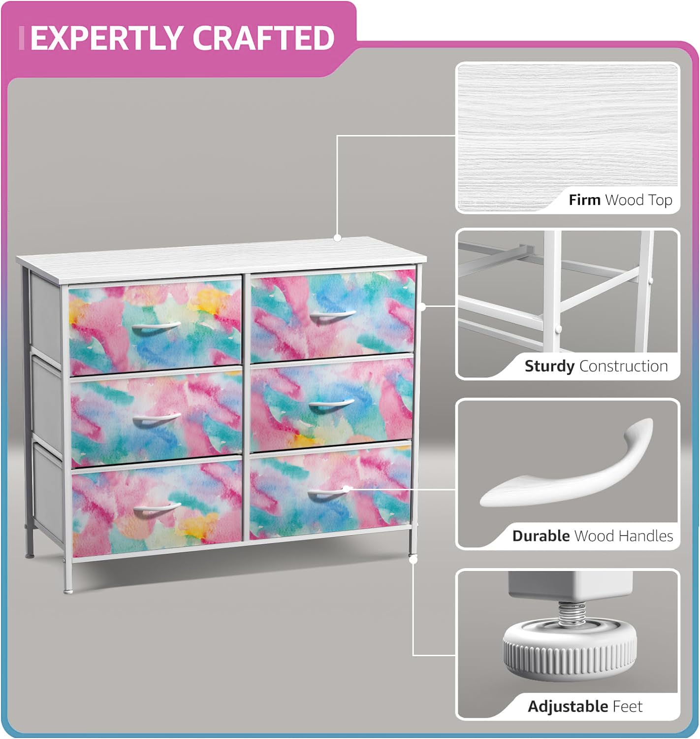 Sorbus Kids Dresser With 6 Drawers - Storage Chest Organizer Nightstand - Steel Frame, Wood Top, Tie-Dye Fabric Bins For Clothes - Wide Furniture For Bedroom, Hallway, Nursery, Closet, & Apartment