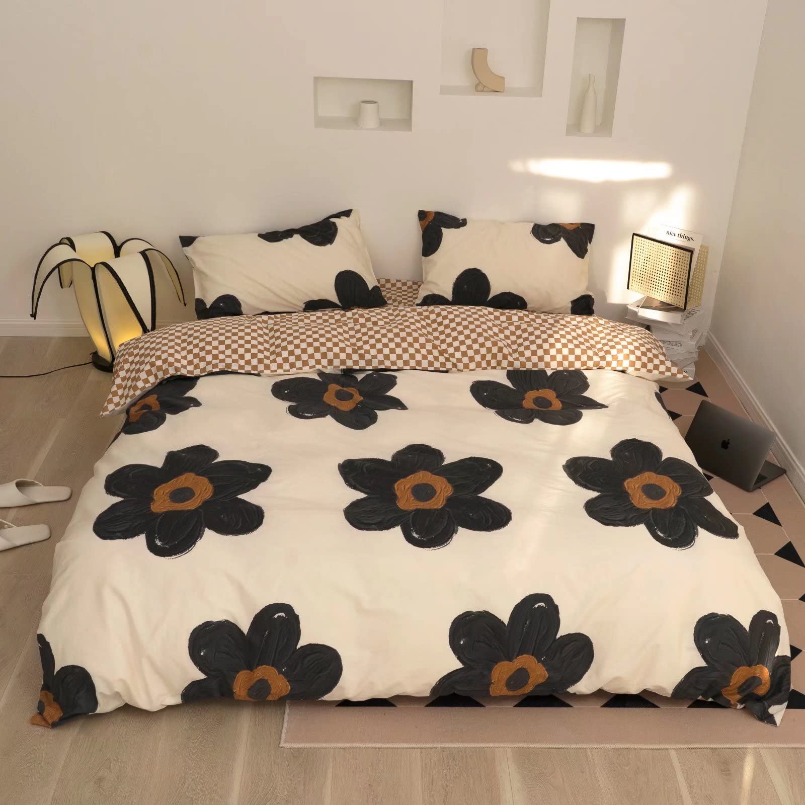 Clothknow Black Sunflower Comforter Set King Beige White Bedding Comforter Sets King Botanical Bed Comforter Black White Bedding Sets Pumpkin Grid Comforter 3Pcs Beige Bed Comforter Sets
