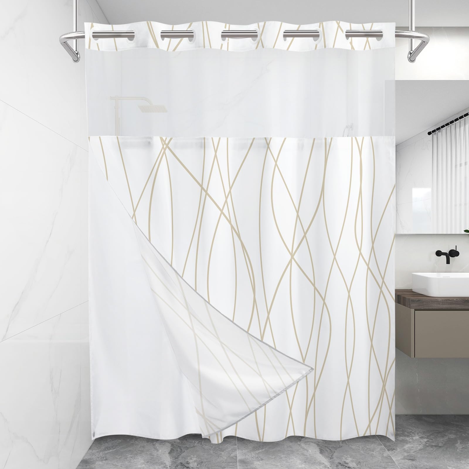 LXBNI No Hook Beige Khaki Striped Shower Curtain with Snap in Fabric Liner Set - Hotel Shower Curtain and Liner Set with See Thr